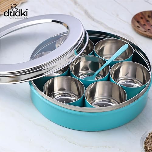 Miniatura 8 de DUDKI Homes - Caja de masala de acero inoxidable, caja de especias, Masala Dabba con organizador de cocina con tapa transparente con 7 recipientes y