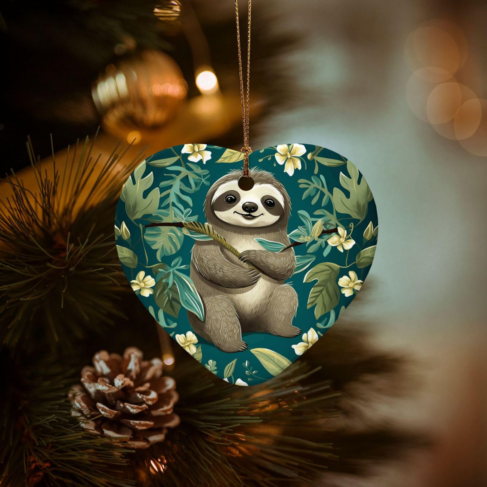 Christmas Ornaments for Christmas Tree Decoration Hanging Adorable Sloth Ornament with Gold Ribbon Crafts Heart Shape Ceramic Pendant for Keepsake Gifts Xmas Decor Party Supplies