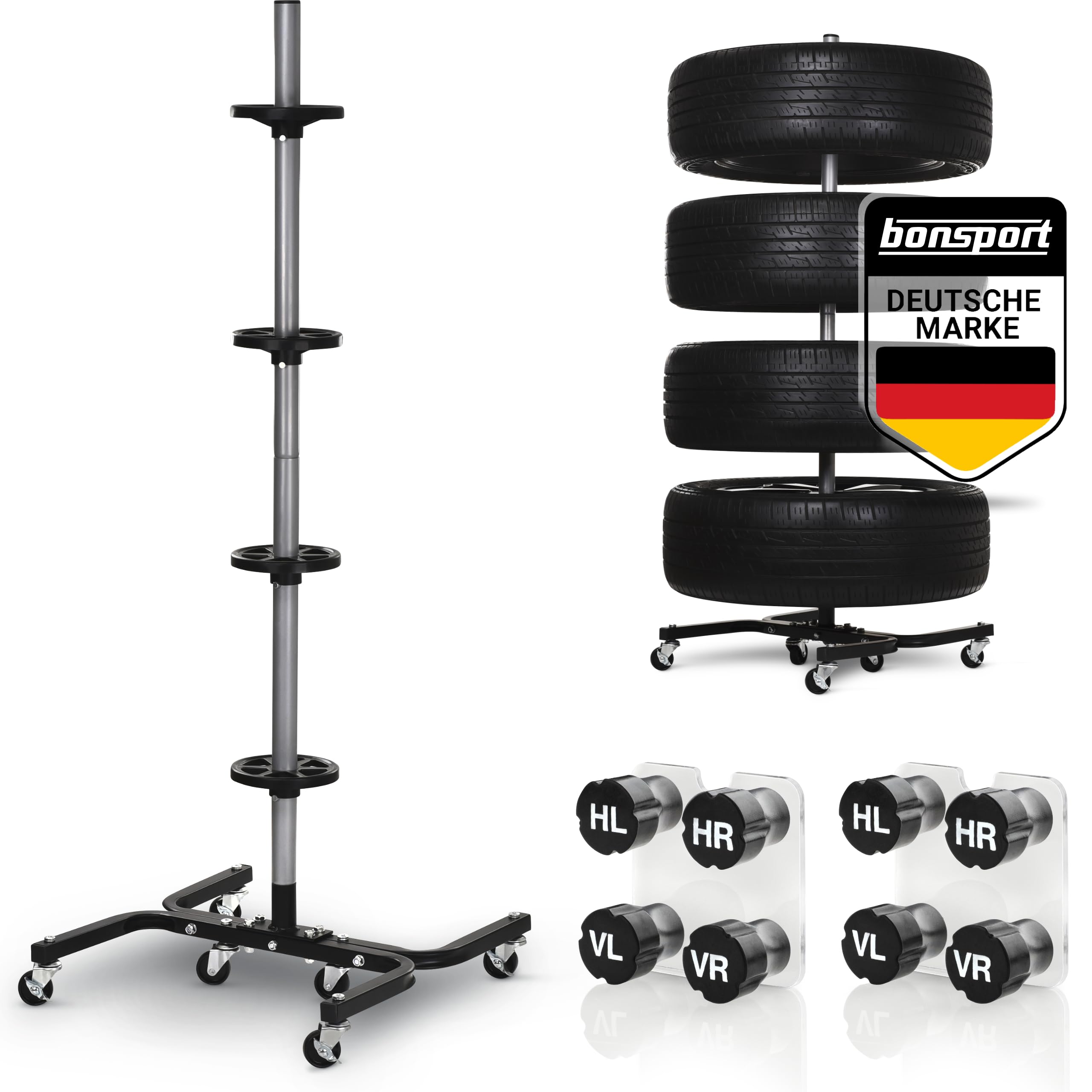 bonsport Felgenbaum XL für Autoreifen bis 295mm fahrbar - Reifenständer belastbar bis 150 kg inkl. 8 Reifen Markierer - Reifenbaum mit Rollen