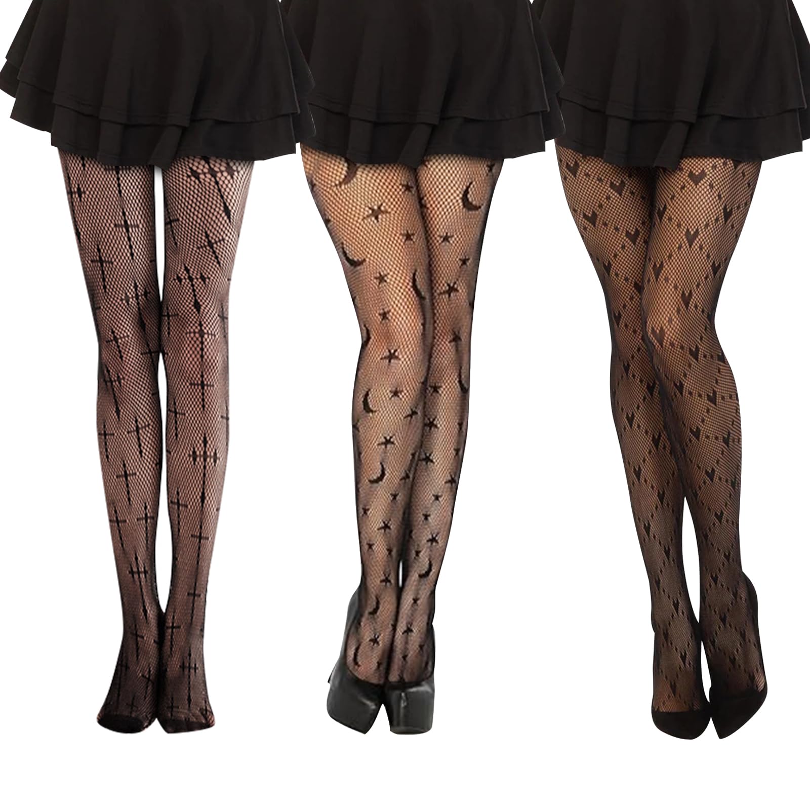 Set 3 Paia Collant A Rete Neri Halloween | Calze Ragno E Teschio | Alta Elasticità Vita Alta | Accessorio Cosplay