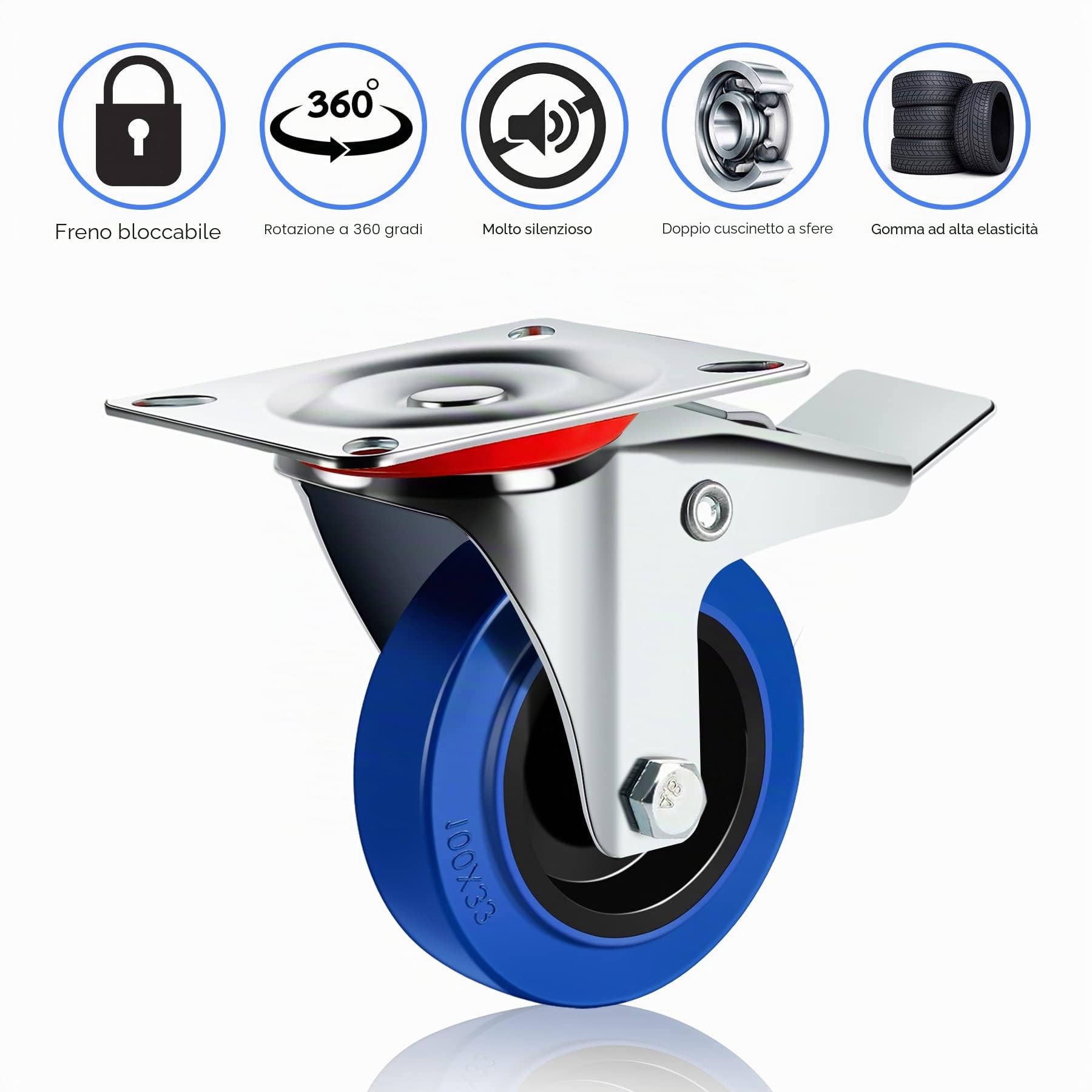 Forever Speed 4x Ruote per il Trasporto Industriale Ruote Pesanti Ruote Girevoli con Bloccaggio Totale Ruote Girevoli con Freni Gomma Elastica blu 125 mm Portata 300 kg Acciaio, Argento Zincato/Blu