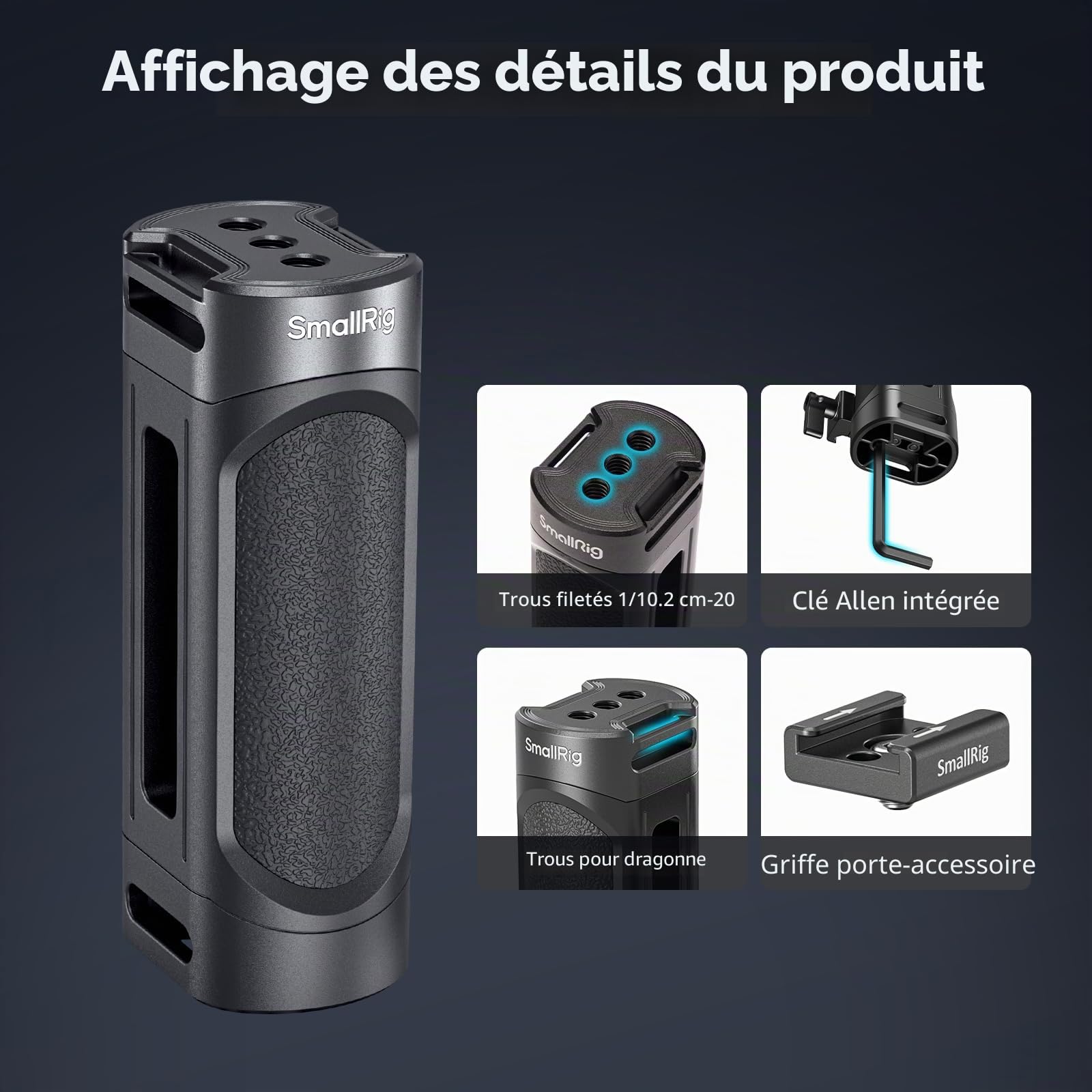 SMALLRIG Mini Poignée Latérale avec OTAN et Vis 1/4"-20, pour Main Gauche ou Droite, avec Trous Filetés 1/4"-20, Trous pour Dragonne, Griffe Froide, Réglable vers Le Haut et vers Le Bas - 4816