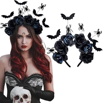 Halloween Bats Spiders Rose Halo Flowers Crown Headband Gothic Rose Bat Hair Hoop Day of The Dead Hairband Floral Head Piece Renaissance Hair Accessory for Demon Witcher Makeup Party