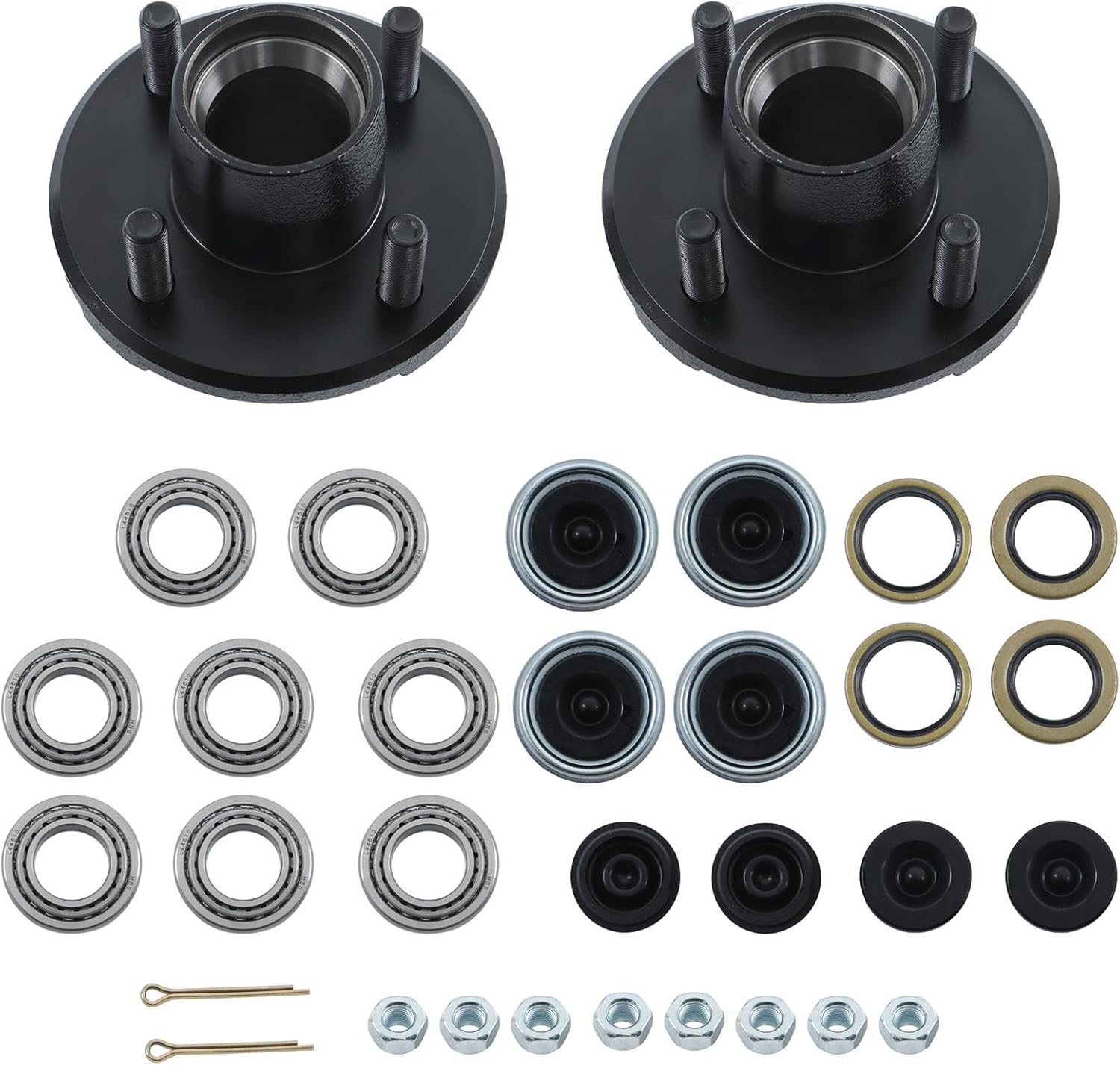labwork 2 Sets 4 On 4 Inch Trailer Hub Kit with Trailer Bearing Kit Replacement for 2000 lbs 1 Inch or 1-1/16 Inch Trailer Straight Axle with Extra Cap and Rubber Plug
