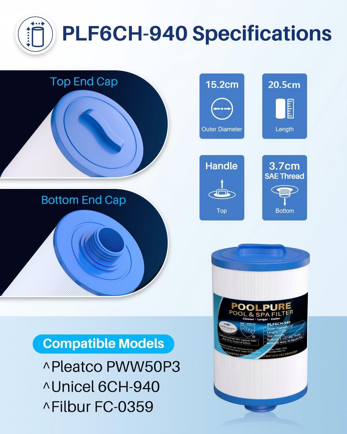 POOLPURE 2 sztuki filtrów SPA, filtr do zamiennik do Unicel 6CH-940, Pleatco PWW50P3, PWW50-P3, Filbur FC-0359, Waterway Plastics 817-0050, 252, 378902, 03FIL1400 (faktura)