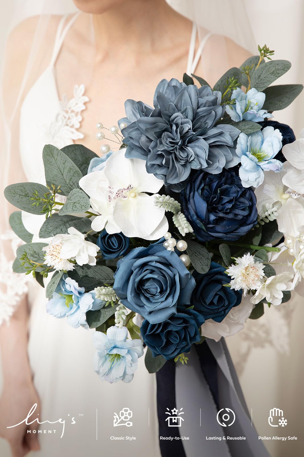 【早い者勝ち!】ウエディングブーケ Amazon｜Ling's Moment ネイビーブルーブライダルブーケ、13インチ