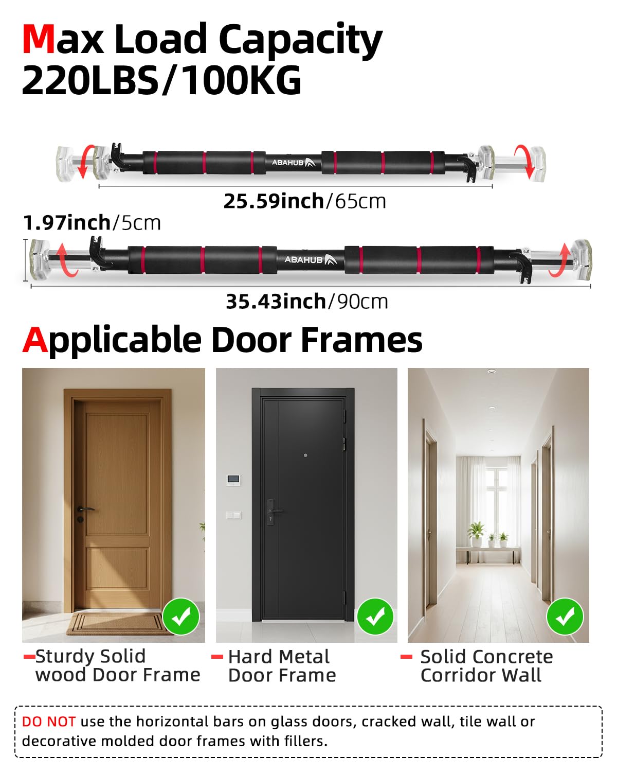 Abahub Barra per Trazioni da Porta con Blocco di Sicurezza, Senza Viti, Regolabile 72-105cm - Sbarra Trazioni Porta per Allenamento Casa, Pull Up, Fino a 120kg – Nero/Rosso