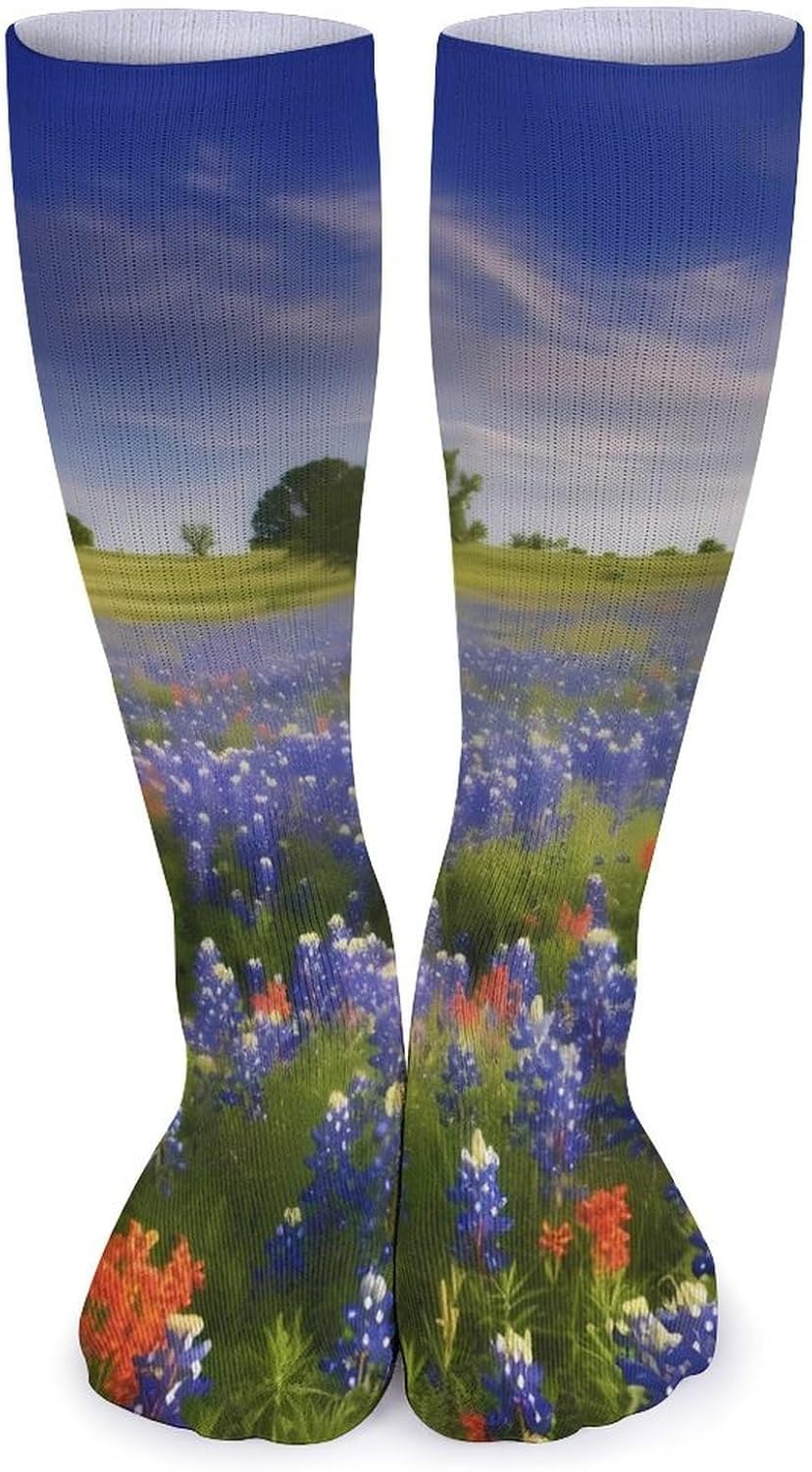 Breathable Crew Sock, Moisture Wicking, Athletic Calf Socks, Cozy | Texas Bluebonnets Scenery Compression Socks for Women Men, Lightweight High Work Socks for Business, Casual