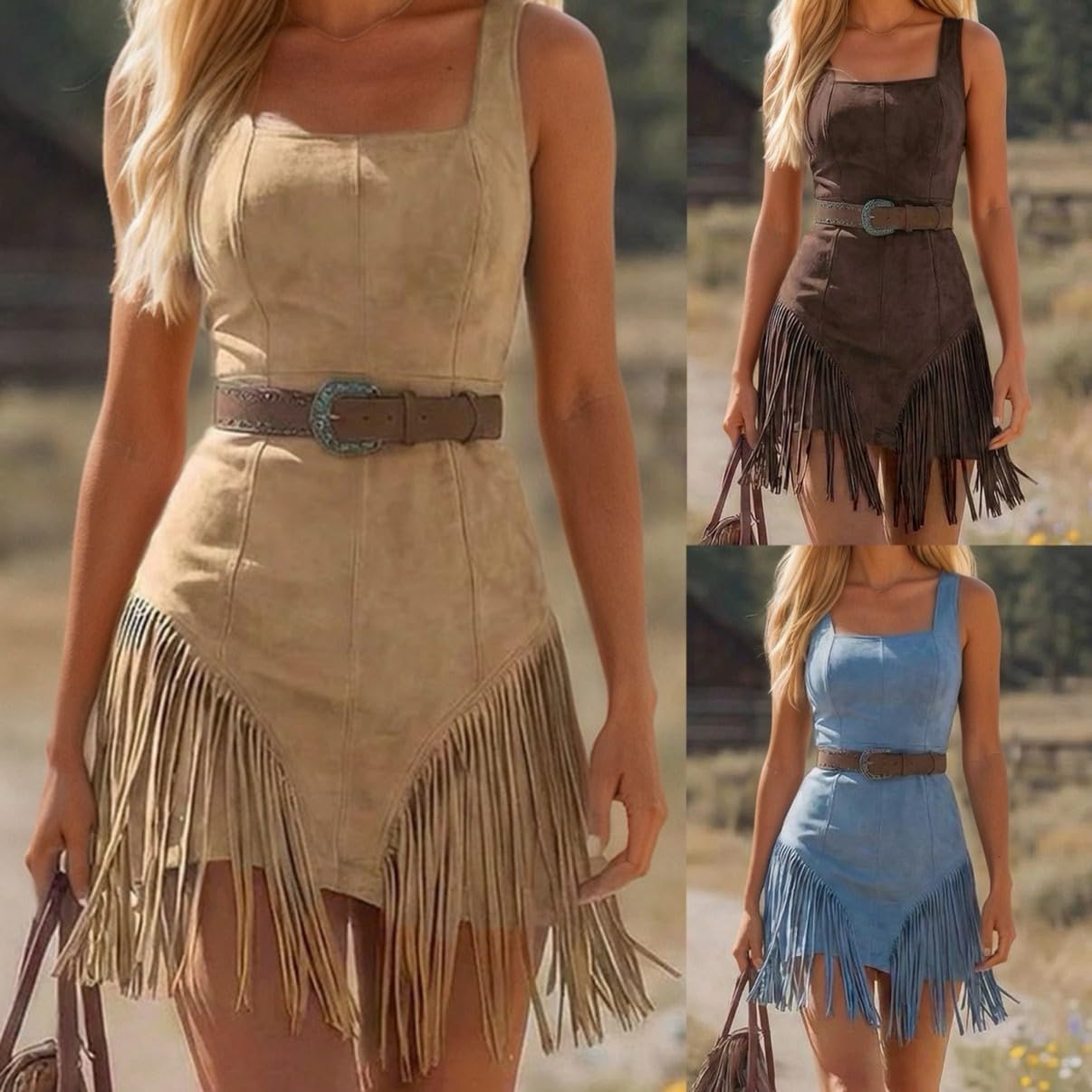 Vestido bohemio para mujer, de ante, minivestido con flecos, cuello redondo, sin mangas, vestido de vaquero occidental, vestido de verano, vintage, festival, vestido de tanque, chaleco