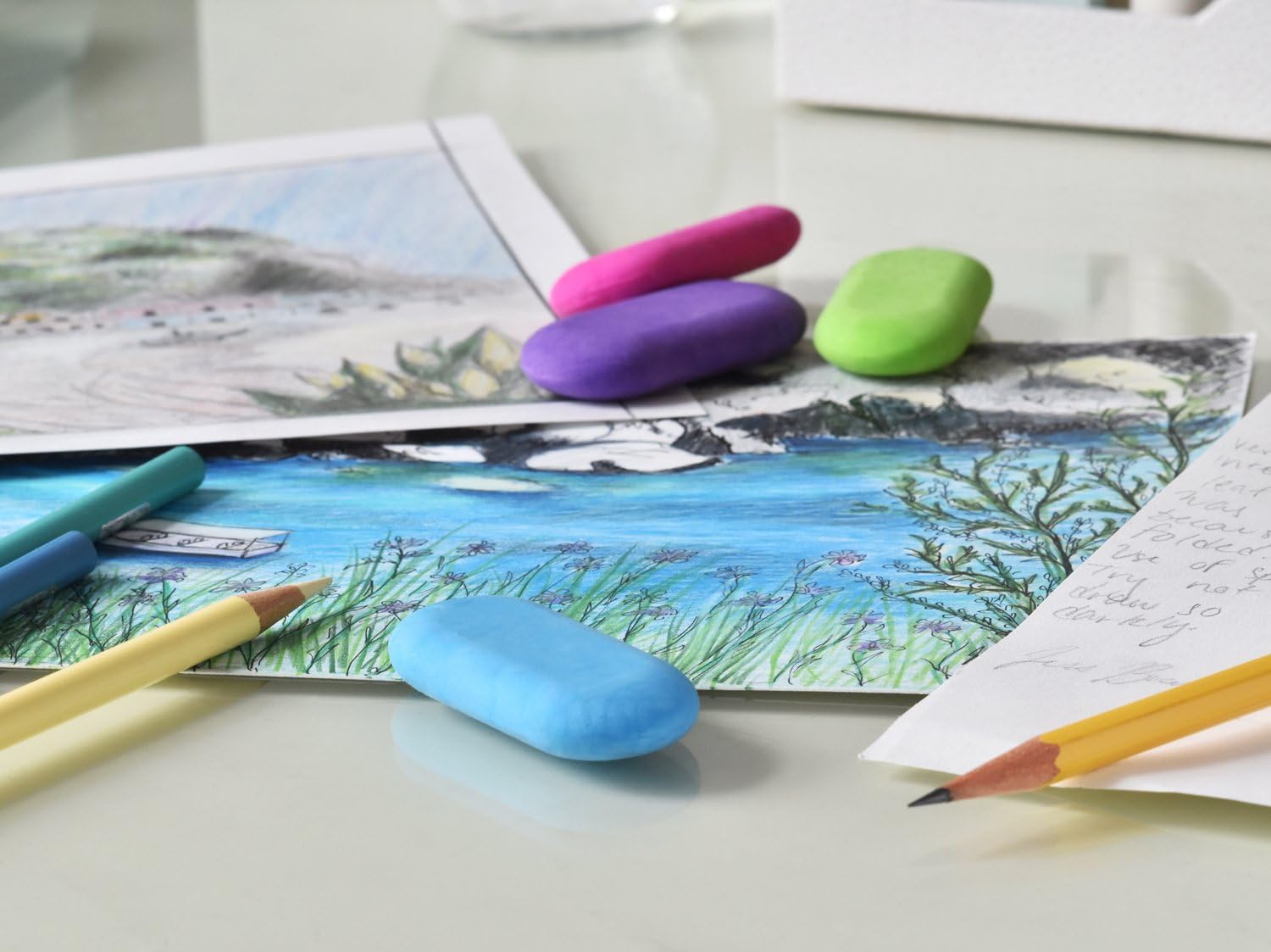 Emraw Bright Color Oval Soft Pencil Mark Eraser Rubber for School, Office, Art, Drawing – Colors Included: Pink, Green, Sky Blue, Purple (4-Pack)