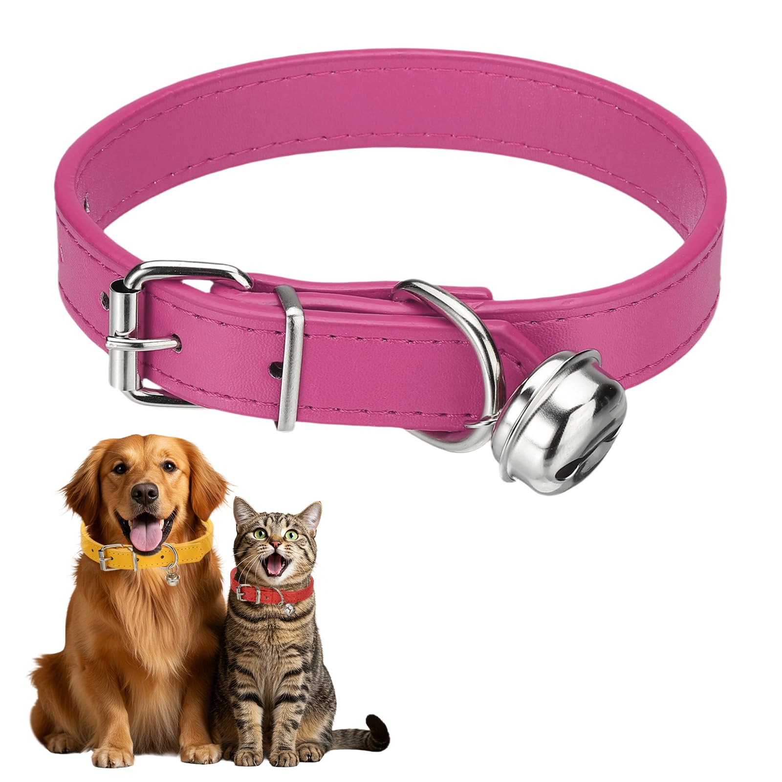 sourcing map Dog Collar with Bell, Pu Leather Cat Collars Pet Basic Soft Padded Adjustable Buckle, 16" (Hot Pink, 1 Pcs), Intended for Teacup/Little Dog/Kitten Cats/Small Animals