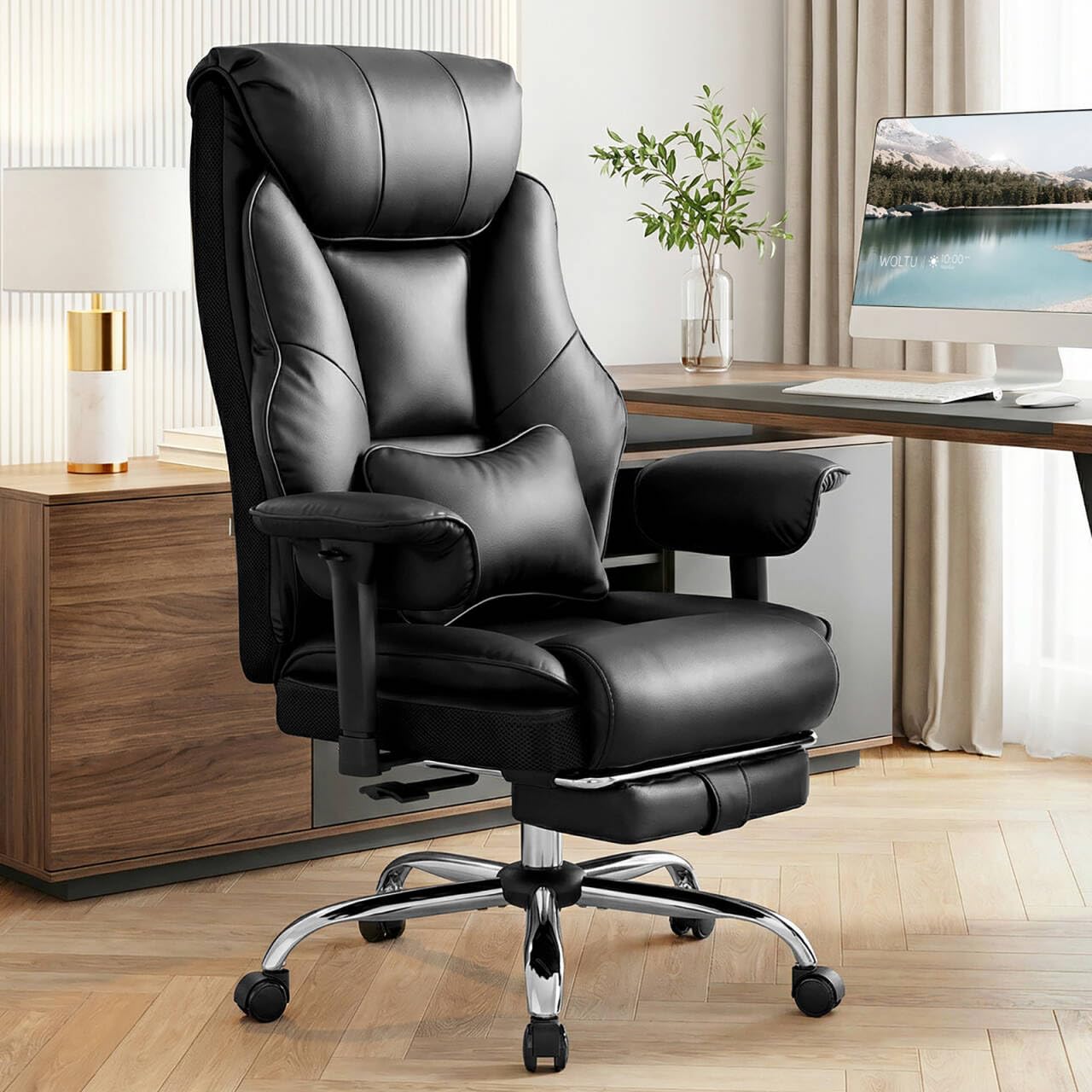 WOLTU Sillón Ejecutivo Ergonómica, Silla Oficina, Asiento PU, Negro | Respaldo Alto y Cojín Soporte Lumbar, Giratoria con Reposapies Retráctil y Función Mecedora, Asiento PU, para Oficina o Casa