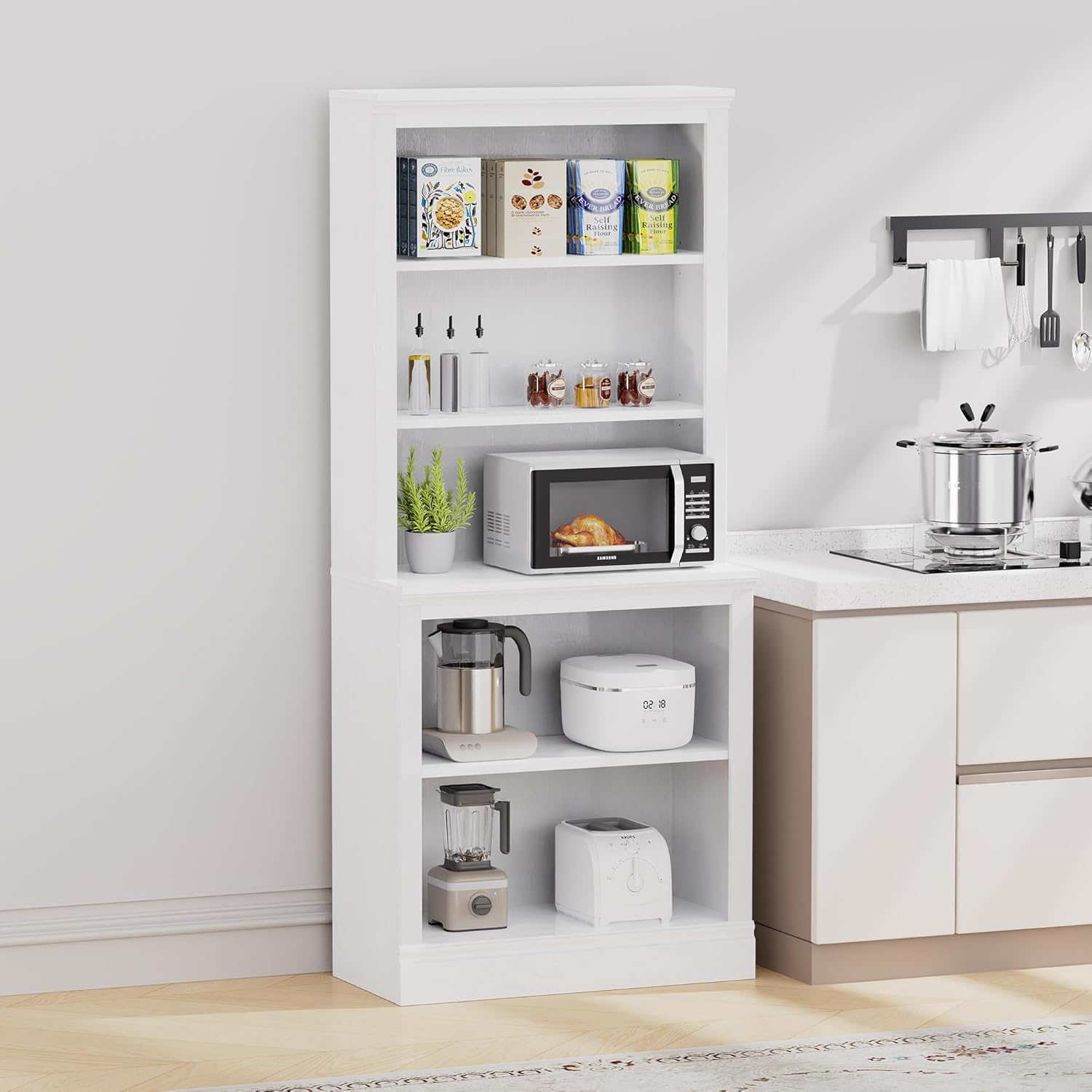 blini Multi-Depth White Bookcase 5 Shelf Solid Wood Bookshelf, 33in Bookcases with Open Shelf Storage，Tall Bookshelves for Library, Living Room, Kids Room, Bedroom, Small Spaces