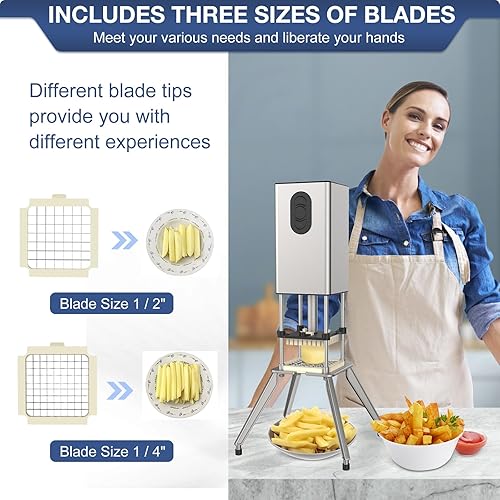 Miniatura 6 de Cortador de patatas fritas eléctrico de acero inoxidable, cortador profesional para papas fritas con 4 cuchillas, ideal para papas, zanahorias y