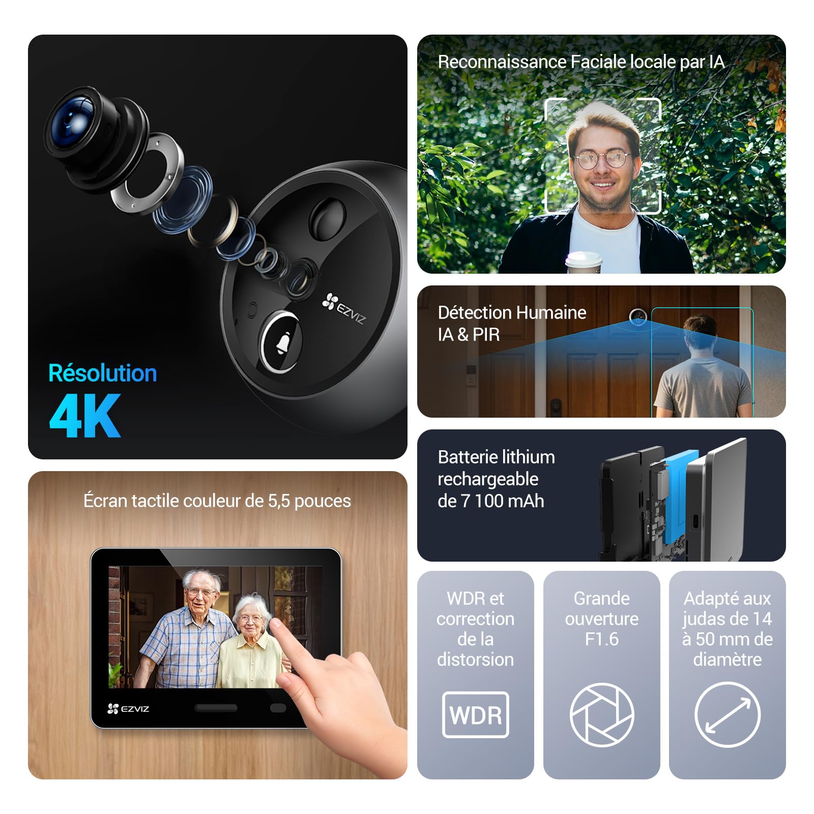 EZVIZ EP4 Argent Visiophone Connecté Interphone Vidéo 4K Écran Tactile 5,5 Reconnaissance Faciale IA Batterie 7100mAh