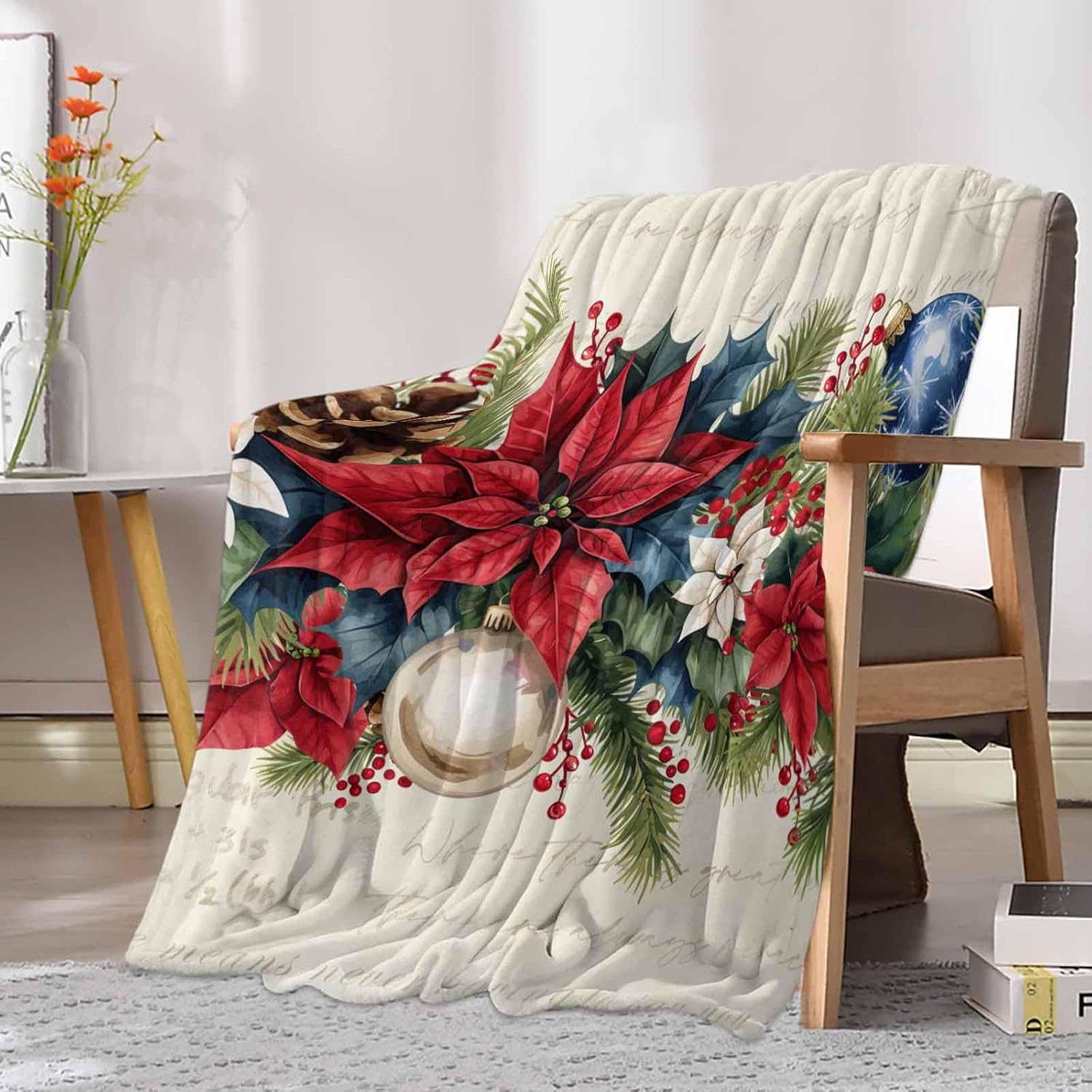 Poinsettia Fir Leaf Berry Flannel Fleece Throw Blanket Christmas Balls Super Soft Fuzzy Blankets Cozy Warm Lightweight Bed Throws for Couch Sofa Travel Camping 30"x40"
