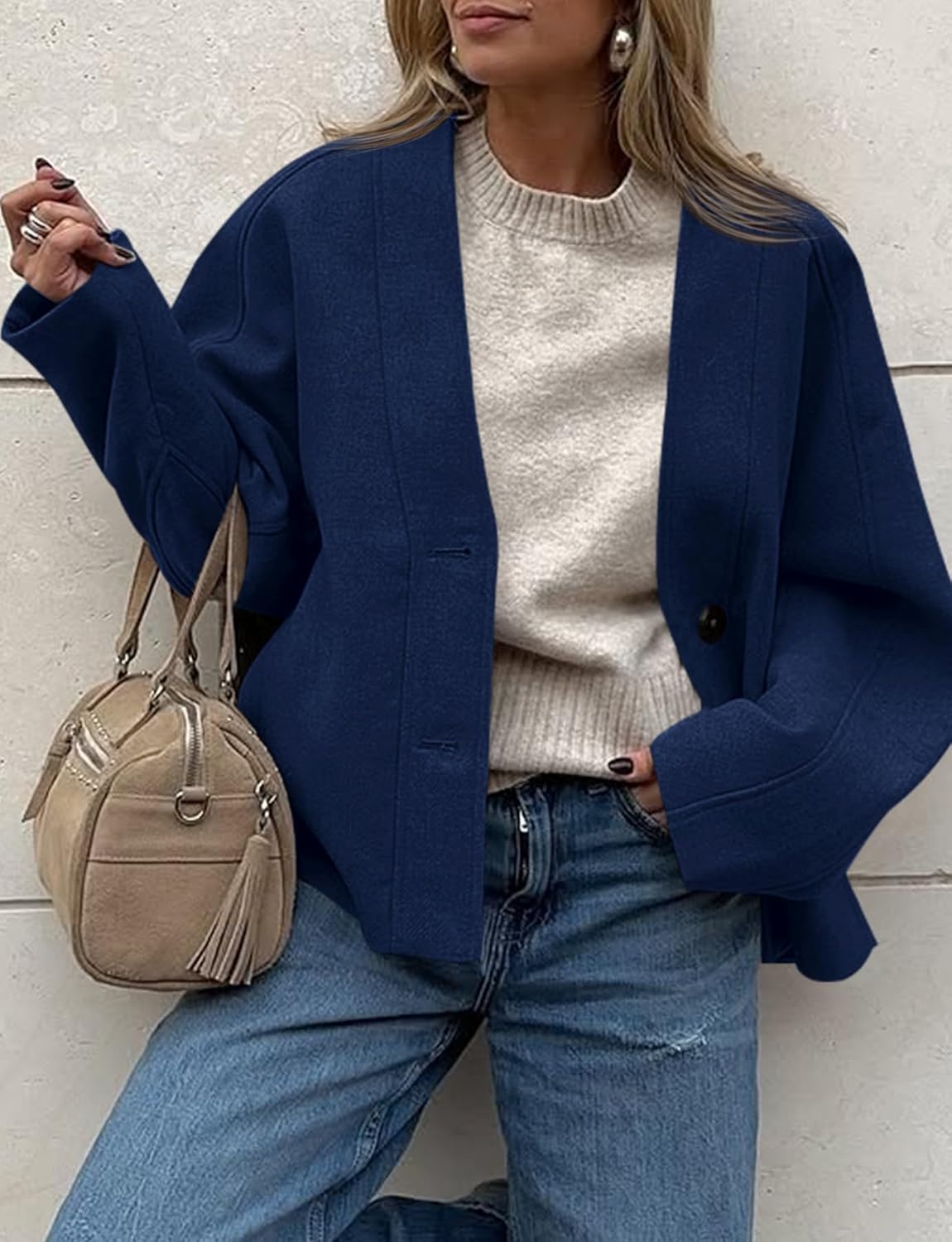 Yousify Womens Cropped Wool Blend Pea Coat Casual V Neck Button Down Short Jackets Fall Shackts with Pockets - Image 5