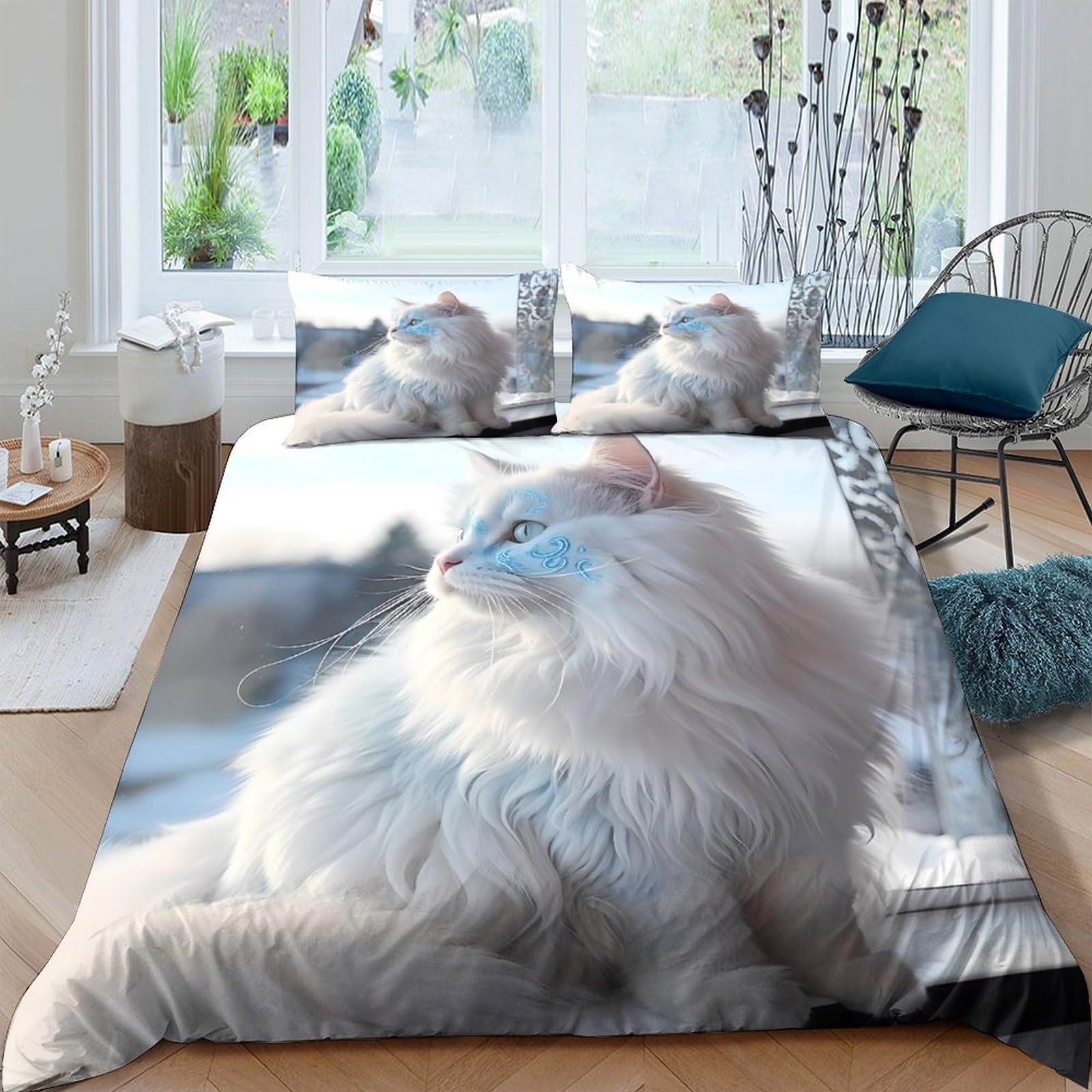 GPLZQXKJNH 3D Printed Fluffy White Cat Duvet Cover Microfiber Soft Breathable Kitten Bedding Set with 2 Pillowcases for Bedroom Decor Single（135x200cm）