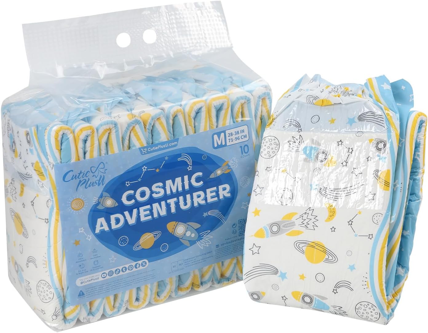 CutiePlusU Adult Diapers 10 Pieces, Disposable Incontinence Briefs with Tabs for Women and Men, Maximum Overnight Absorbency- Cosmic Adventurer (Medium 28"-38")