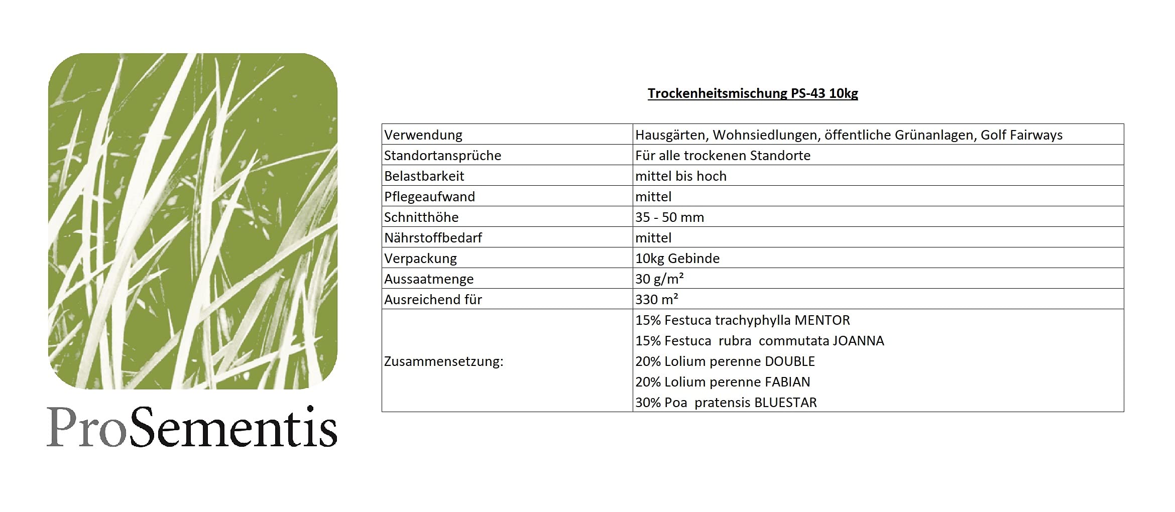 Trockenrasen Saatgut trockenresistent PS-43 10kg I wassersparender Rasensamen dunkelgrün I für trockene und sonnige Standorte und Böden