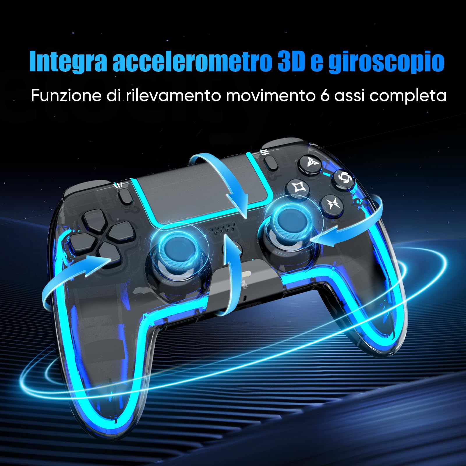 BETMI Controller Wireless per PS5 Pro/Slim, compatibile MAC/Steam Deck/PC, joystick Effetto Hall, doppia vibrazione/Macro/Turbo, jack 3,5mm, 6 assi, gamepad LED con altoparlante (Transparent Black)