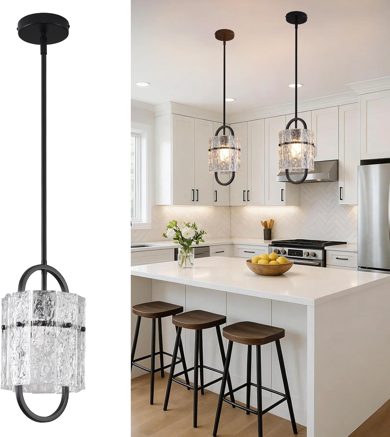 Black Glass Pendant Lights for Kitchen Island, Luxury Water Ripple Crystal Chandelier Lights Fixture, Modern Adjustable Pendant Lighting for Dining Room, Bedroom, Island Lights, E26 Bulb
