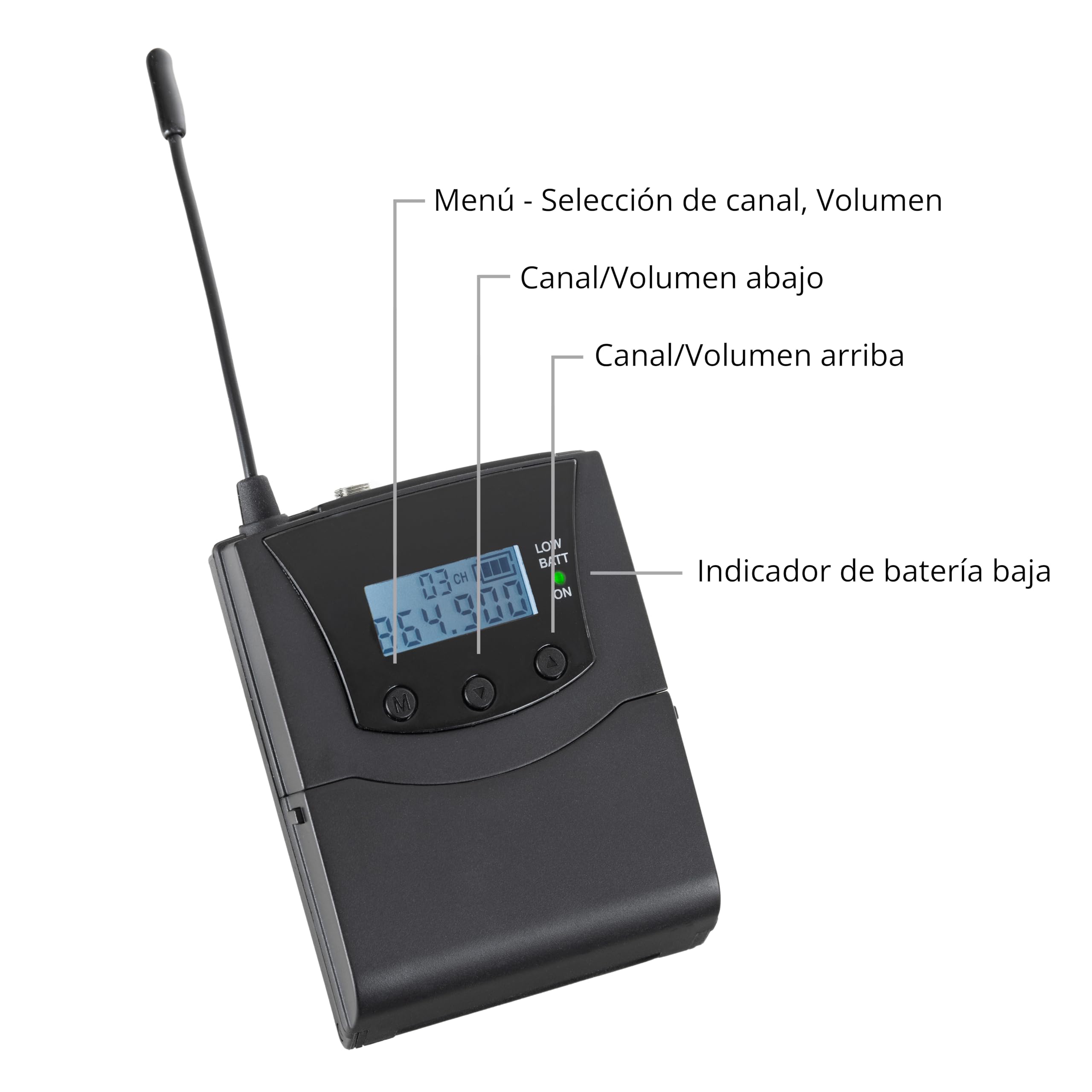 Receptor Bodypack Pronomic Silent Disco V2 SDR-BP30, 3 Canales Disponibles | Receptor inalámbrico estéreo, Frecuencias de recepción: 863, 3 MHz, 9 MHz y 864, 9 MHz, 5 mm, Aprox. 24 horas de autonomía