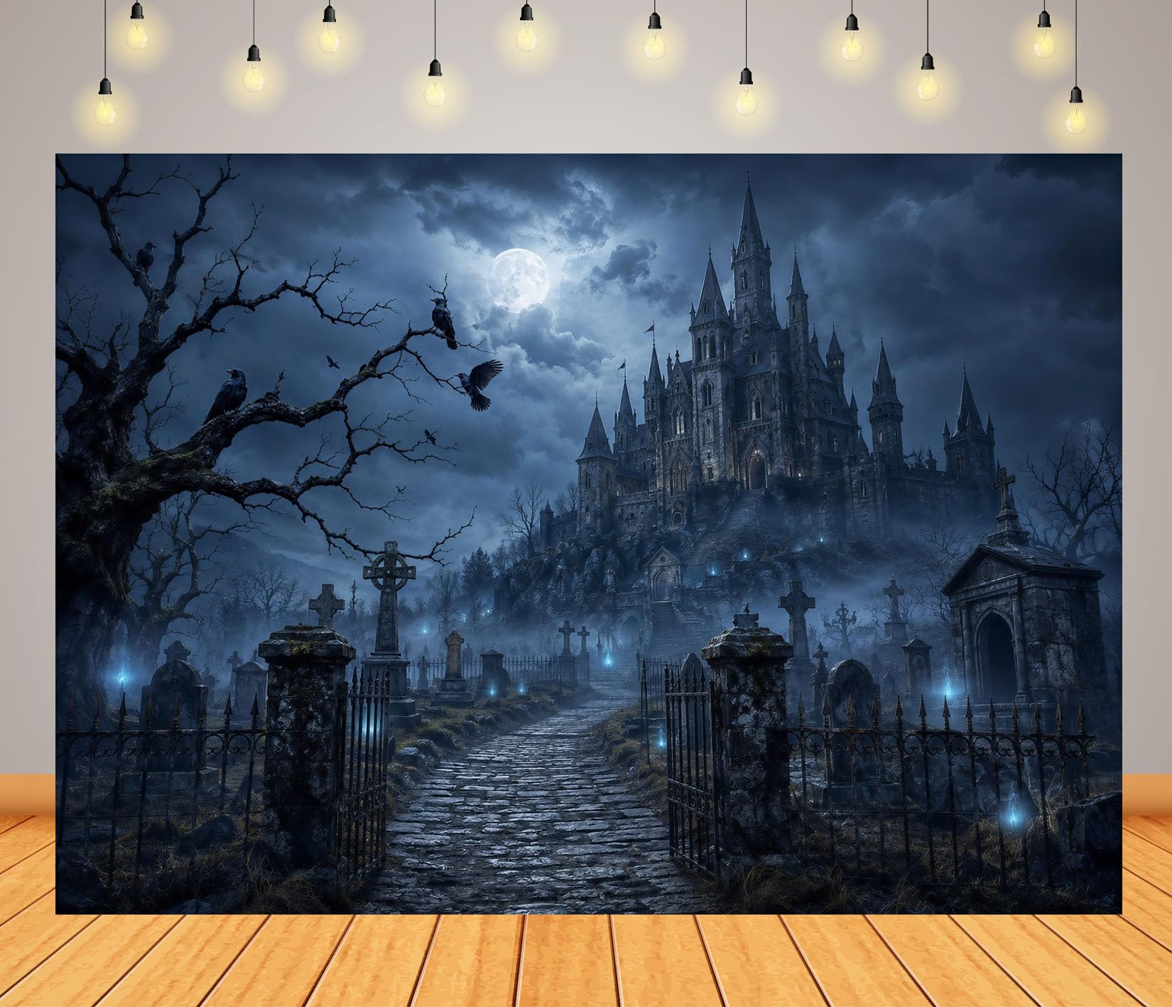 15x10FT (4.6x3m) Cimitero Castello Fiamme Blu Sfondo Fotografico
