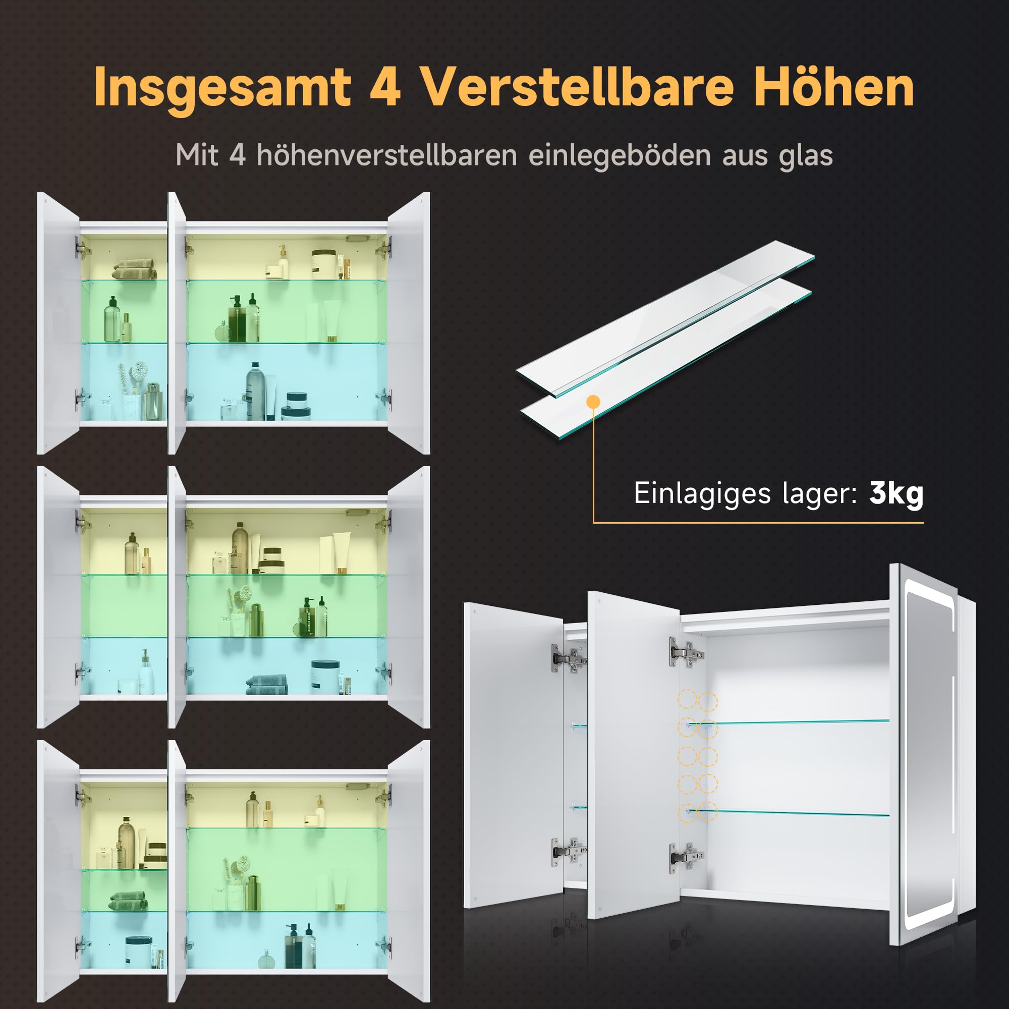 SONNI Szafka łazienkowa z lustrem LED, 90 x 60 cm, 3-drzwiowa, metalowa szafka z lustrem z przełącznikiem dotykowym, 3 kolory światła + defogging, bezprzewodowy zawias, biała, łazienka, szafka