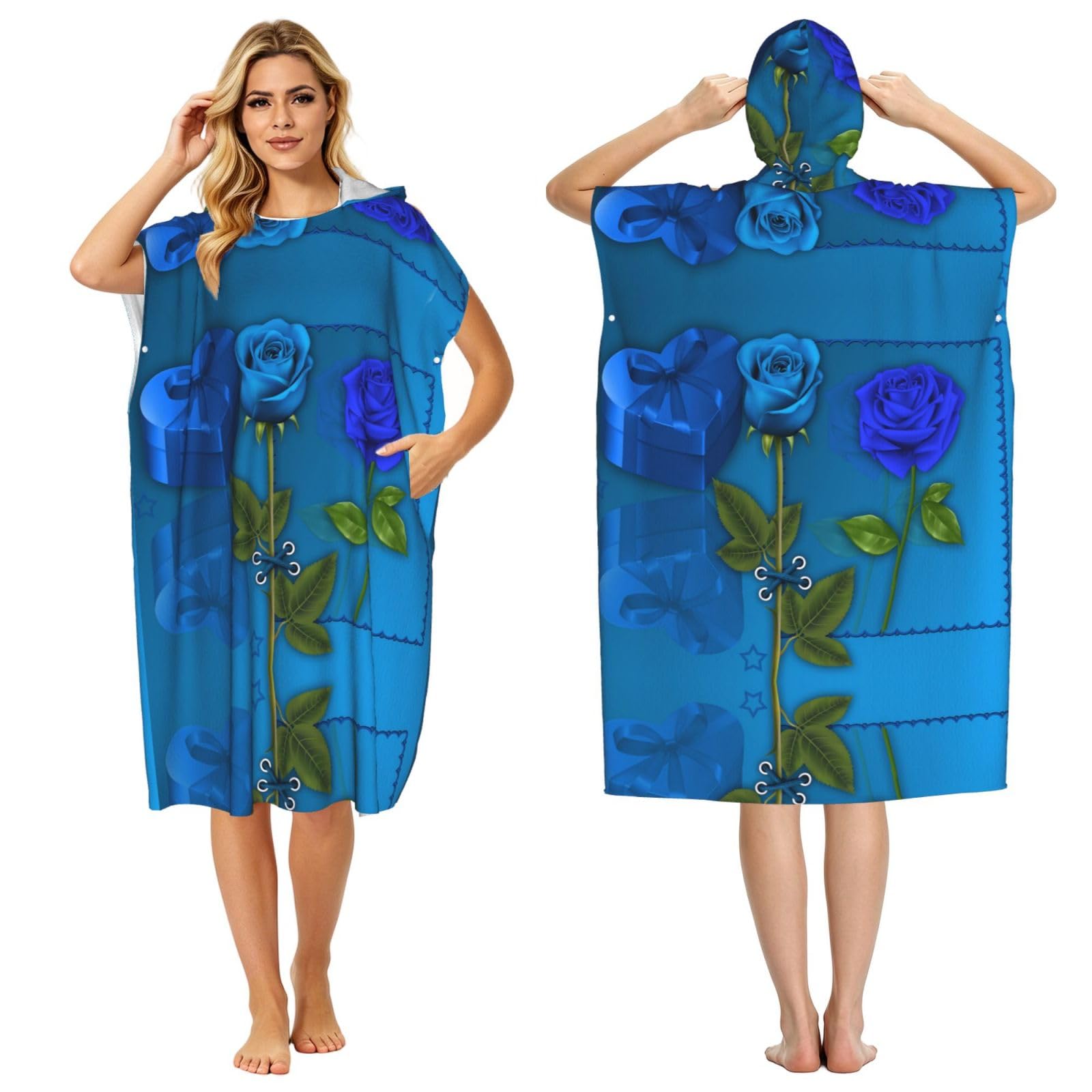 Strandtuch mit Kapuze und Rosenmotiv, Poncho für Erwachsene, Mikrofaser, Umkleidemantel, Bademantel, Sommer, Strandtuch