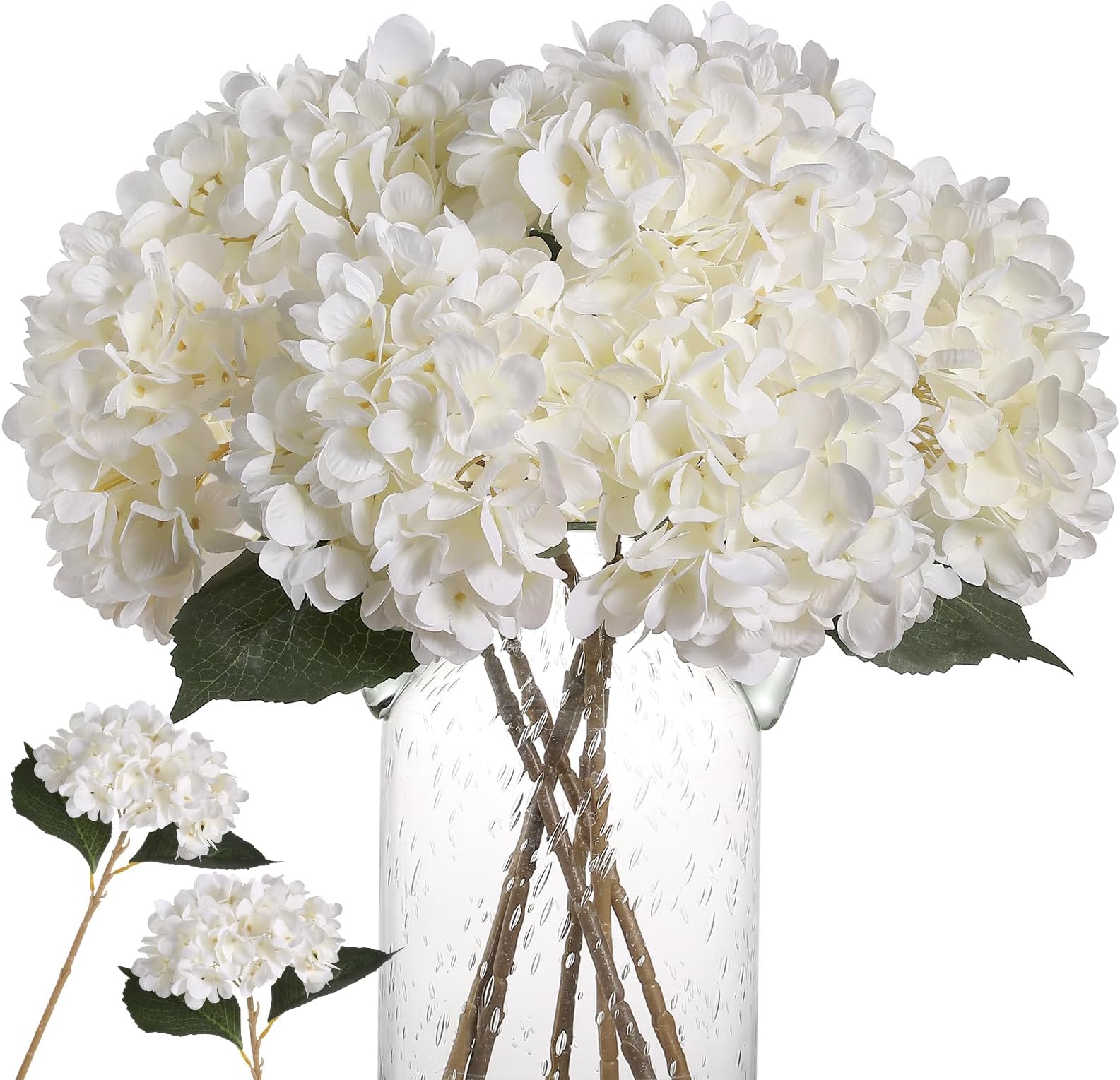 Kisflower 6Pcs Silk Hydrangea Artificial Flowers Realistic Hydrangea Flowers Bouquet for Wedding Party Office Home Decor (White)