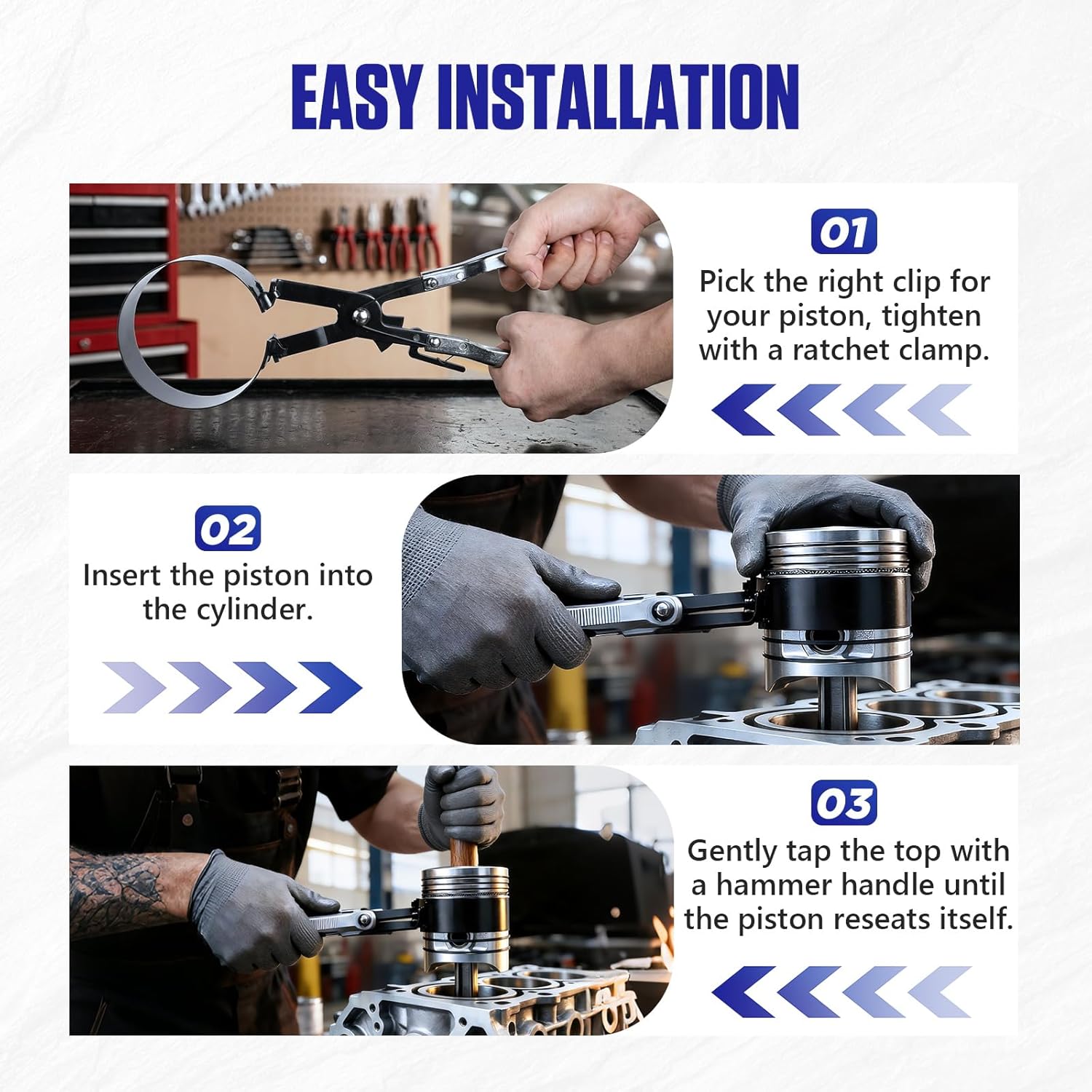 Piston Ring Compressor Tool，Engine Piston Ring Compressor Set with 7Pcs Piston Rings (2-7/8" - 4-5/8") and Adjustable Installer Pliers for Truck Motorcycle Car Installation and Removal Kit