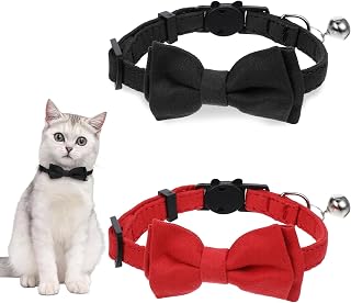 2pcs Cat Collar with Bells, Cat Bow Tie, Velvet Cats Collar with Bell and Bowtie, Small Pet Safety Solid Wedding Basic Pure Color Suede Soft Adjustable 7-13 Inches for Girl and Boy Cats,Red,Black