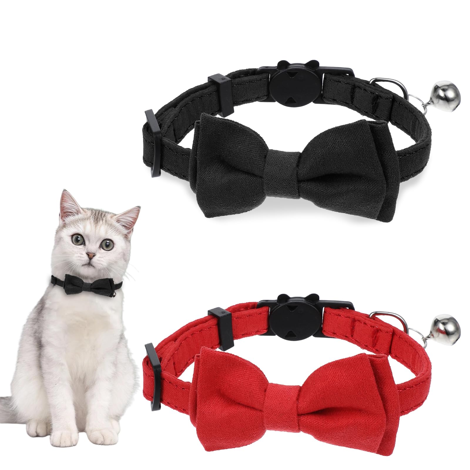 2pcs Velvet Bowtie Cat Collar with Bell, Adjustable Breakaway Cat Collars Kitten