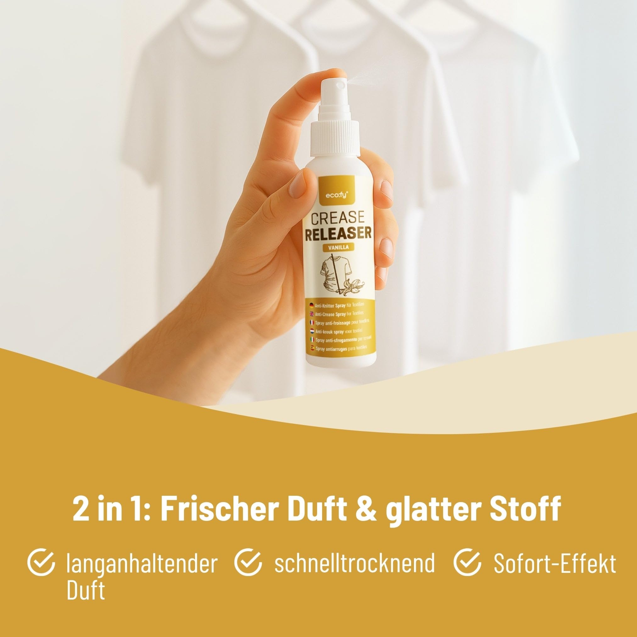 Antifaltenspray Kleidung Kokos, Faltenglatt Spray ohne Bügeln, Textilerfrischer, Bügelhilfe, Bügelspray ohne Bügeln, ideal für Reisen (500ml)