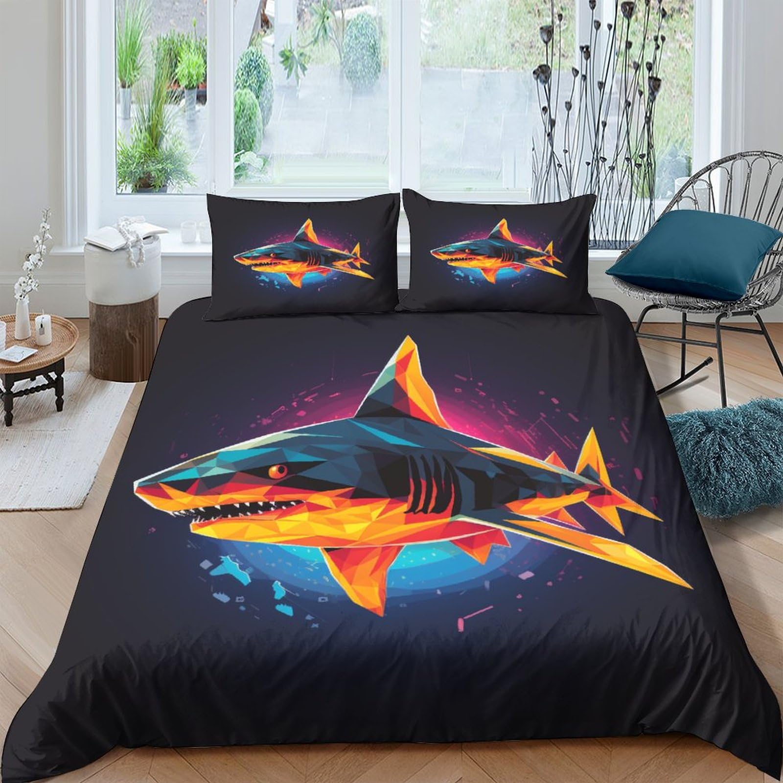 Funda nórdica de tiburón 3D de 200x200 cm en microfibra suave con dos fundas de almohada