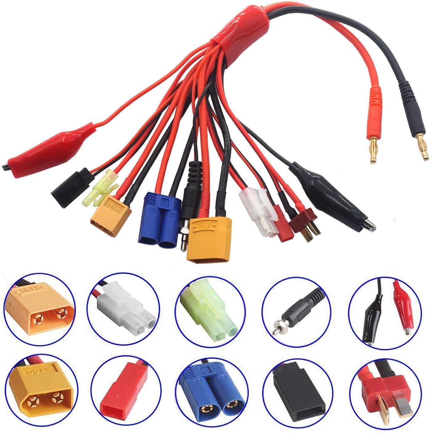 Lot De 2 Câbles Répartiteurs 10 En 1 XT60H – Pour Charge RC Lipo – Connecteurs Multiples (Tamiya, XT, EC, JST, Futaba, TRX)