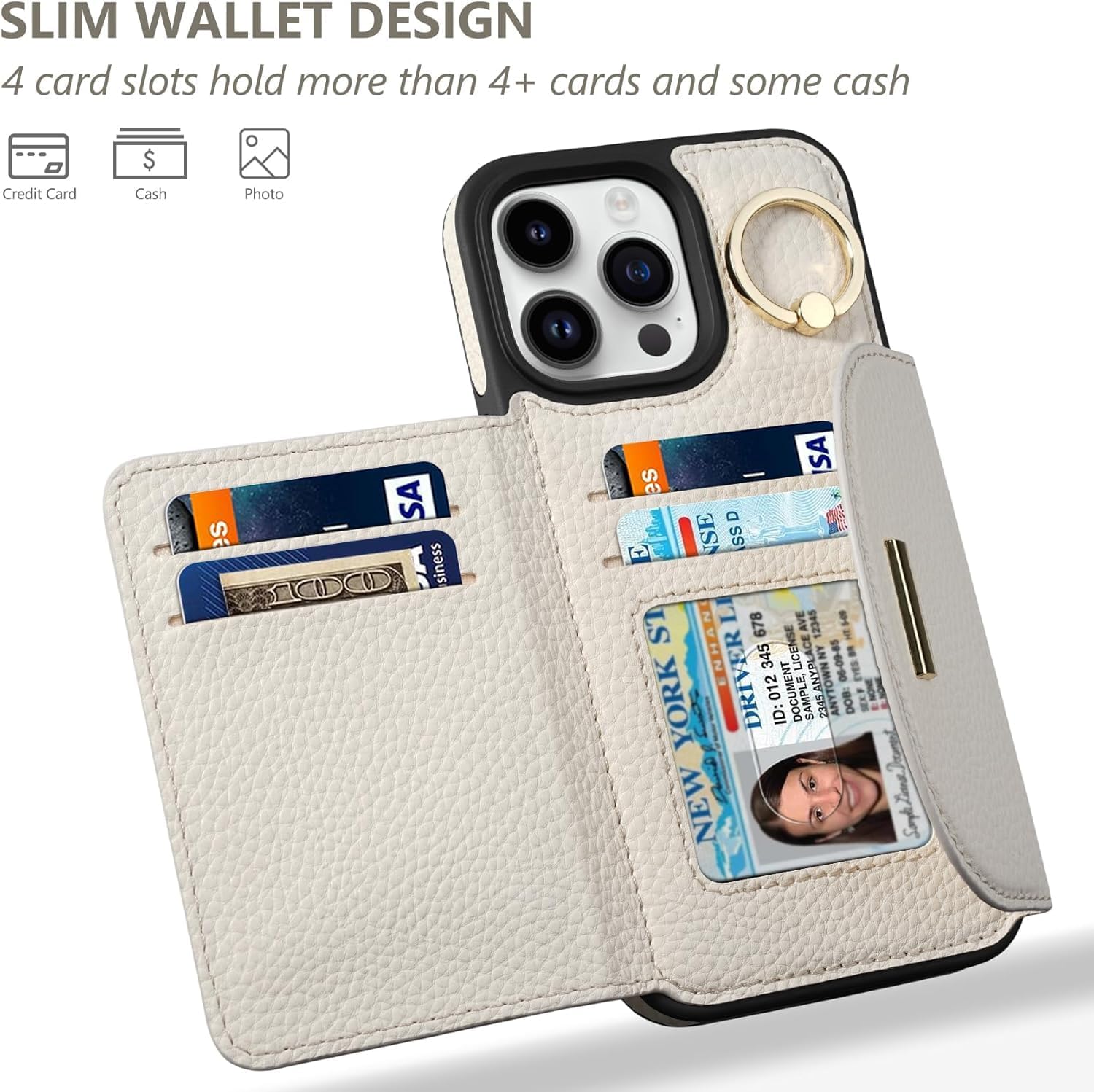 Keallce Wallet Case for iPhone 16 Pro 6.3'', Flip Case with Card Slots, Ring Holder Kickstand, PU Leather Protective Folio Cover for Women, Beige - Image 2