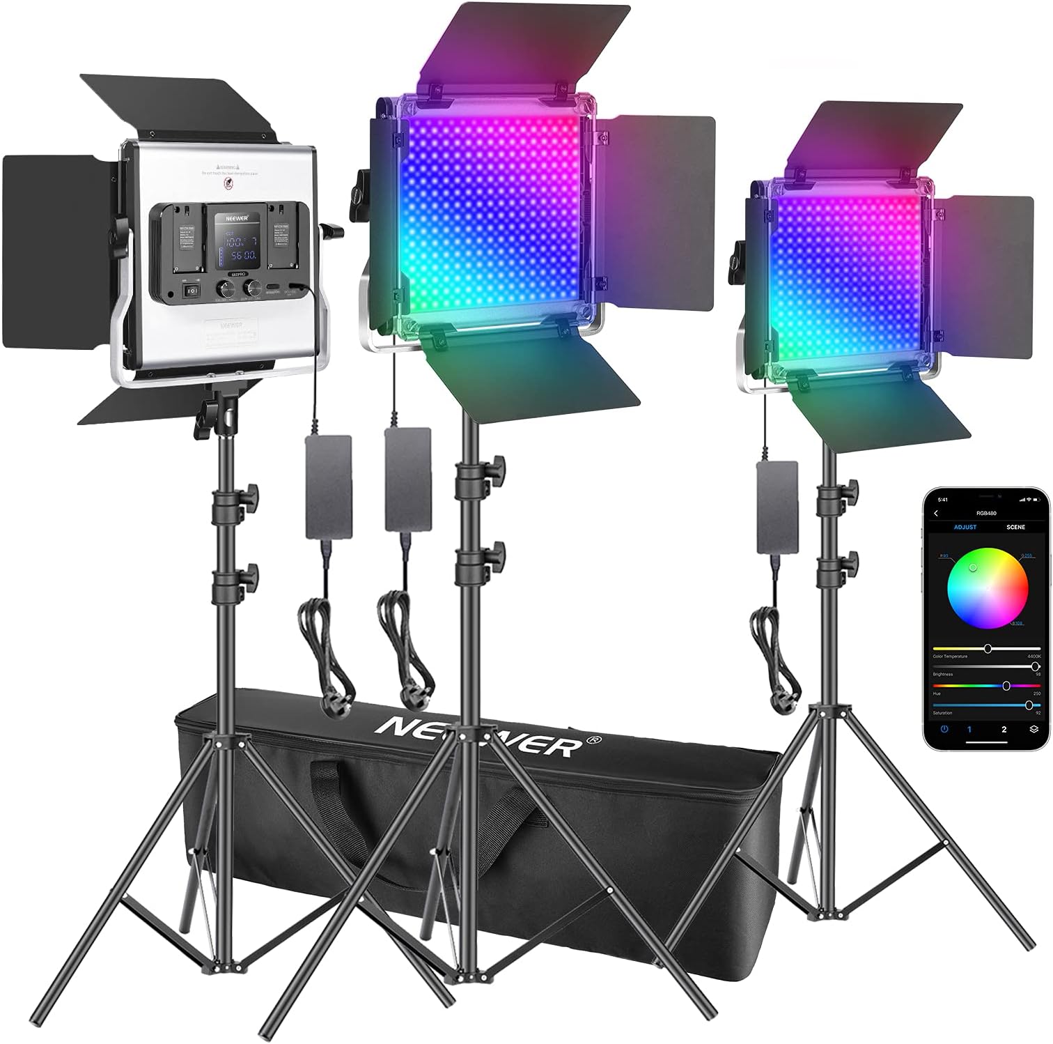 Neewer 3 Packs 480 RGB Led Light with APP Control, Photography Video Lighting Kit with Stands and Bag, 480 SMD LEDs CRI95/3200K-5600K/Brightness 0-100%/0-360 Adjustable Colors/10 Applicable