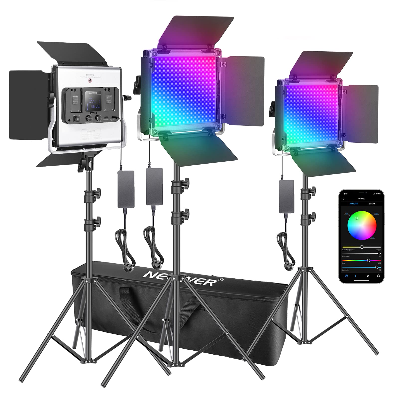 Neewer 3 Packs 480 RGB Led Light with APP Control, Photography Video Lighting Kit with Stands and Bag, 480 SMD LEDs CRI95/3200K-5600K/Brightness 0-100%/0-360 Adjustable Colors/10 Applicable