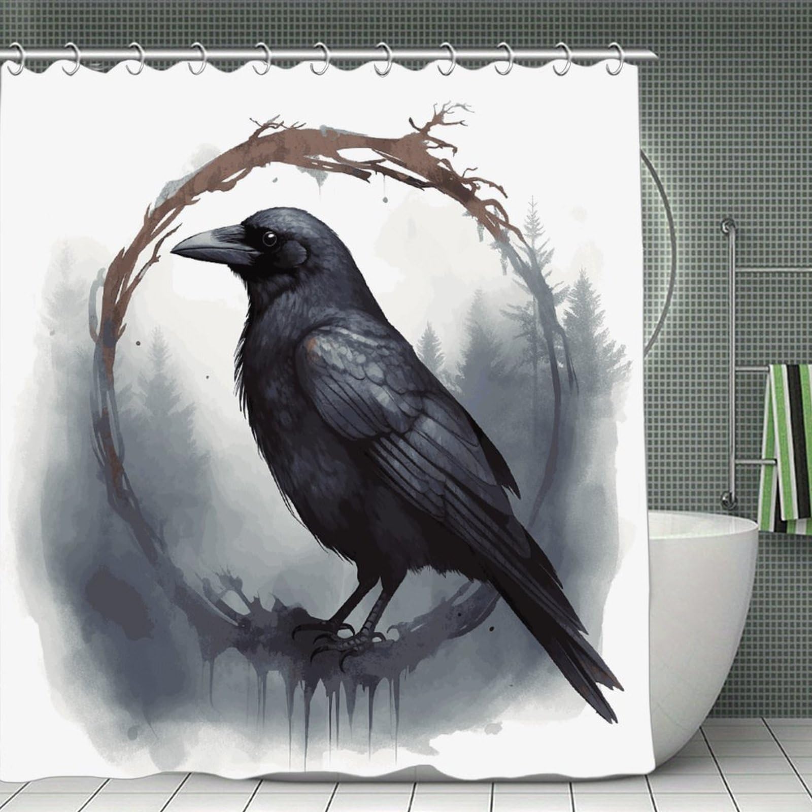 VstaDank Black Crow Shower Curtain Light-Weight Blackout Bathroom Curtain Washable Shower Liner 71x71 Inch Bath Curtain with Metal Holes Bathtub Bath Room