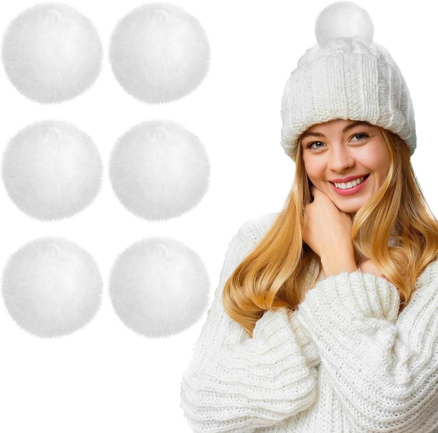 Ouligay 6 Pieces Faux Fur Fluffy Pom Pom Balls White Pom Poms Craft Pom Poms Pompoms DIY for Shoes Scarves Gloves Beanies Key Chain Charms Accessories