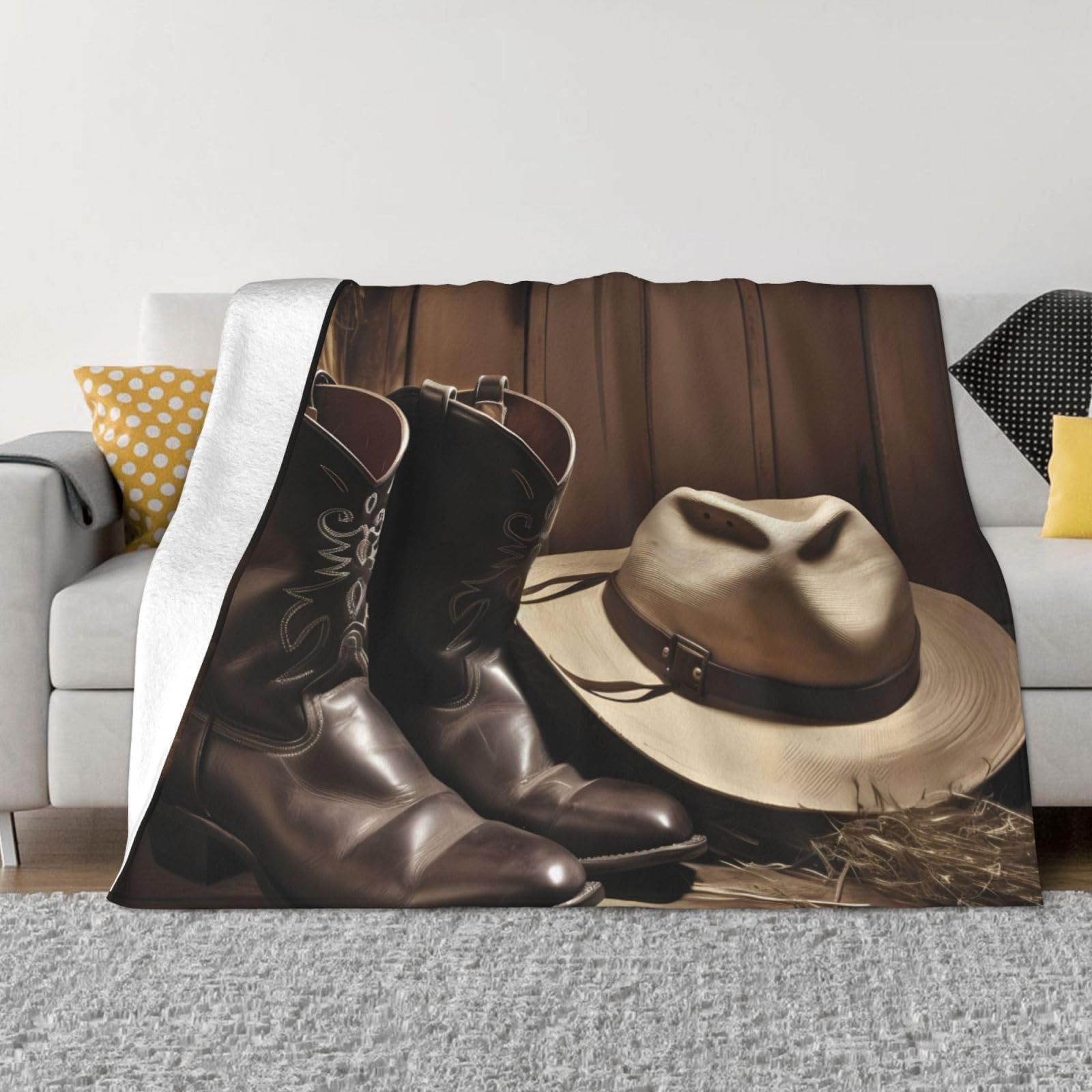 Couverture canapé flanelle 203x152 cm chapeau noir et bottes