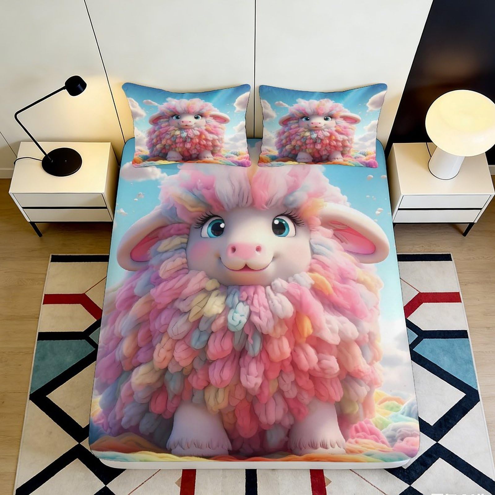 3D Printed Colorful Sheep Fitted Sheet Microfiber Soft Bedroom Decor Pastel Lamb Mattress Cover for Home Dorm 90x200x25cm