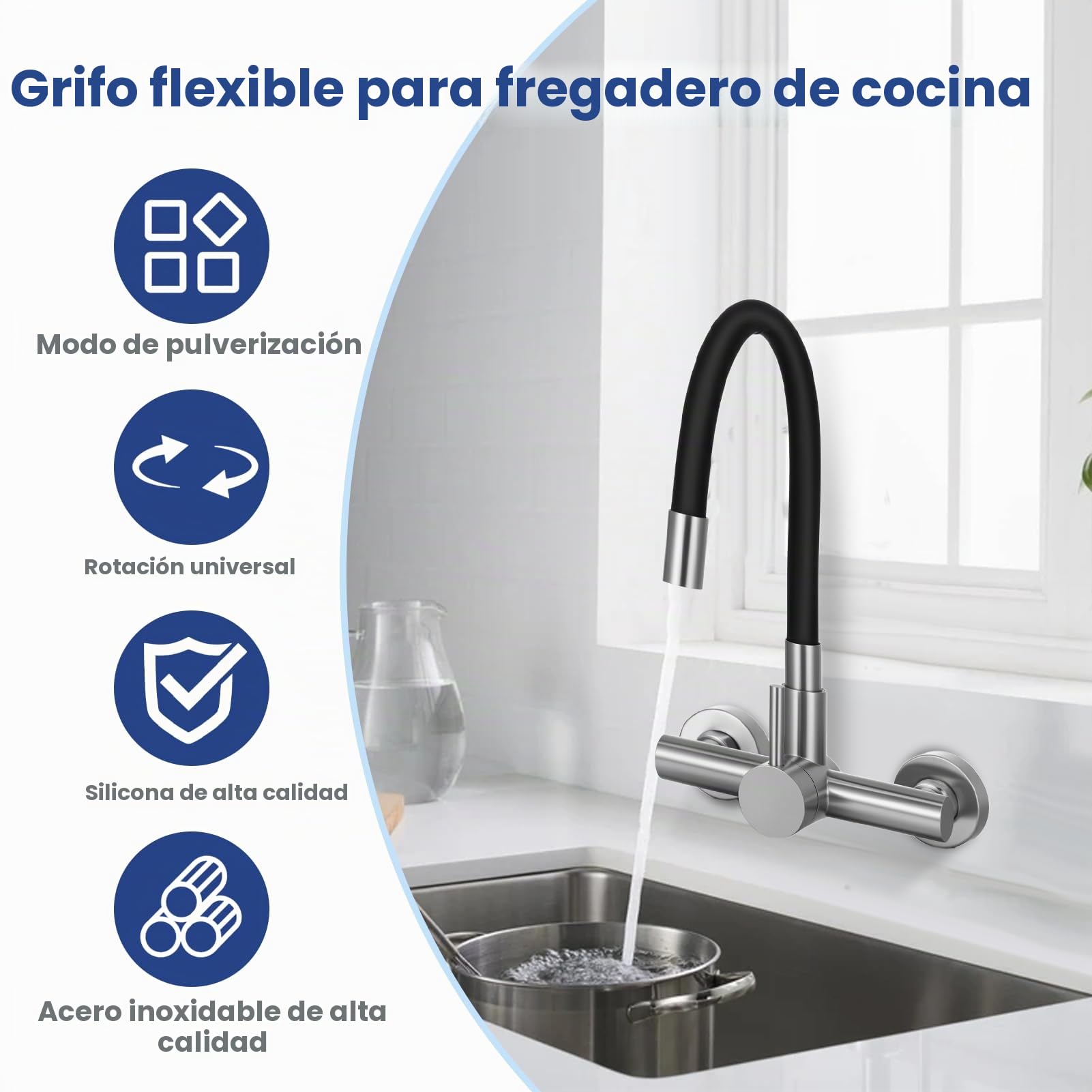 Grifo de cocina flexible negro, grifo de cocina con dos modos para agua fría y caliente, brazo giratorio de 360 grados, para cocina, baño y lavandería