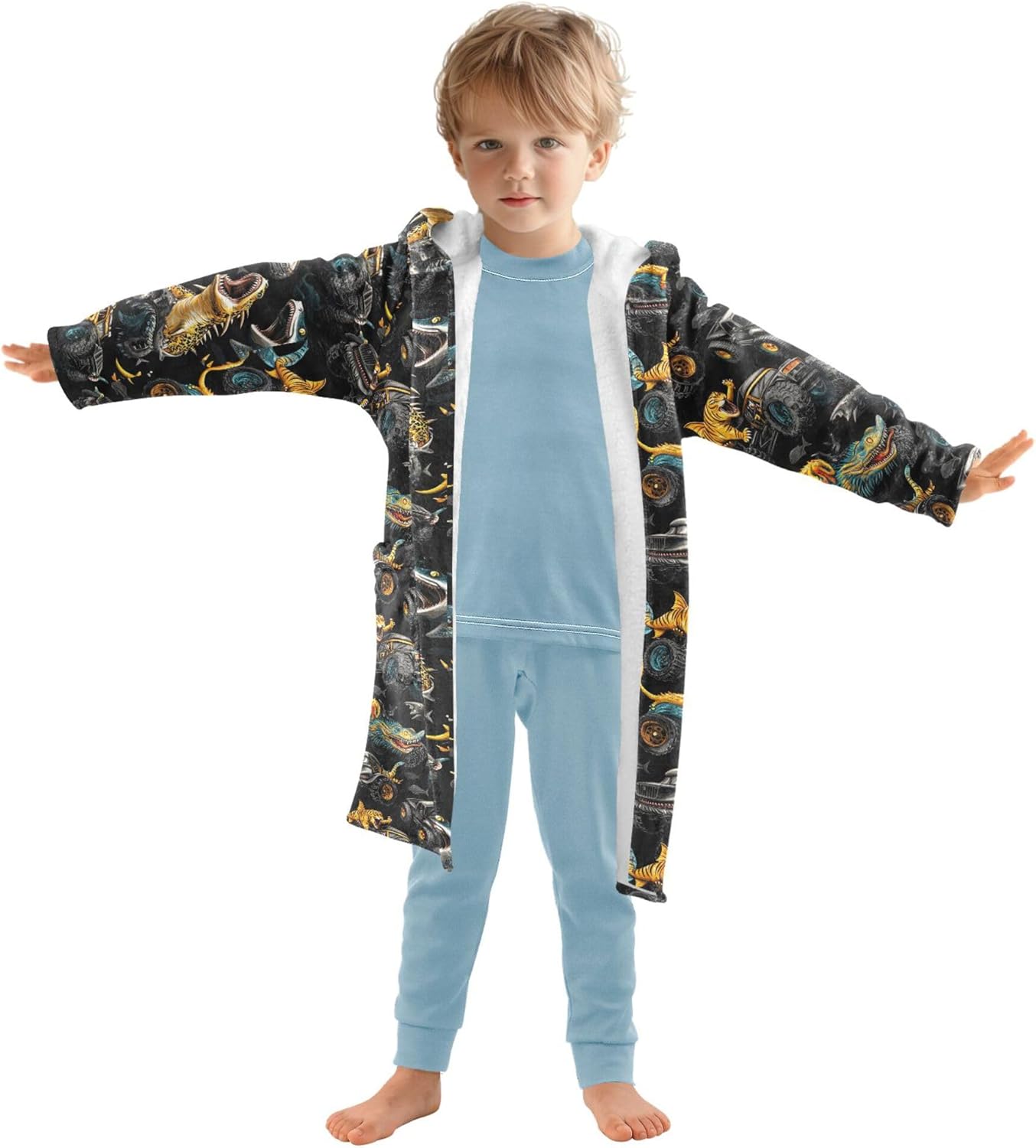 Shark Monster Truck Bathrobe Hooded PJ Robe Soft Fleece Robe Pajama Sleepwear 2-12 Years