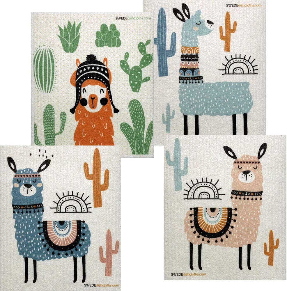 SWEDEdishcloths - Cellulose Sponge Dish Towels - Mixed Set of 4 (One of Each Design) Llama Swedish Dish Cloths