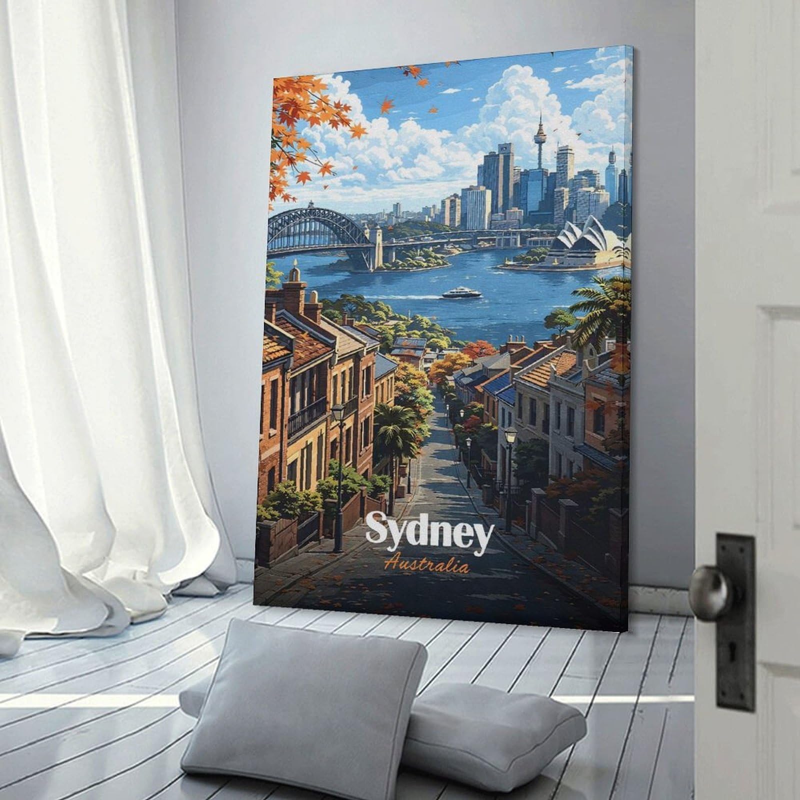 Junmoney Frame-Style-10 Sydney Skyline With Opera House And Harbour Bridge Wall Picture Print, 24X36inch(60X90cm), For Lounge, Study, Hallway Or Flat Walls, Canvas Wall Art That Fits Changing Layouts