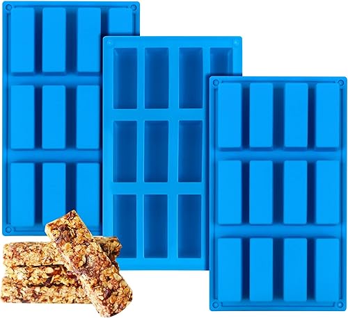 Molde de silicona para barra de granola, 2 moldes rectangulares de 12 cavidades para barra de energía, moldes de silicona para hornear para barra de