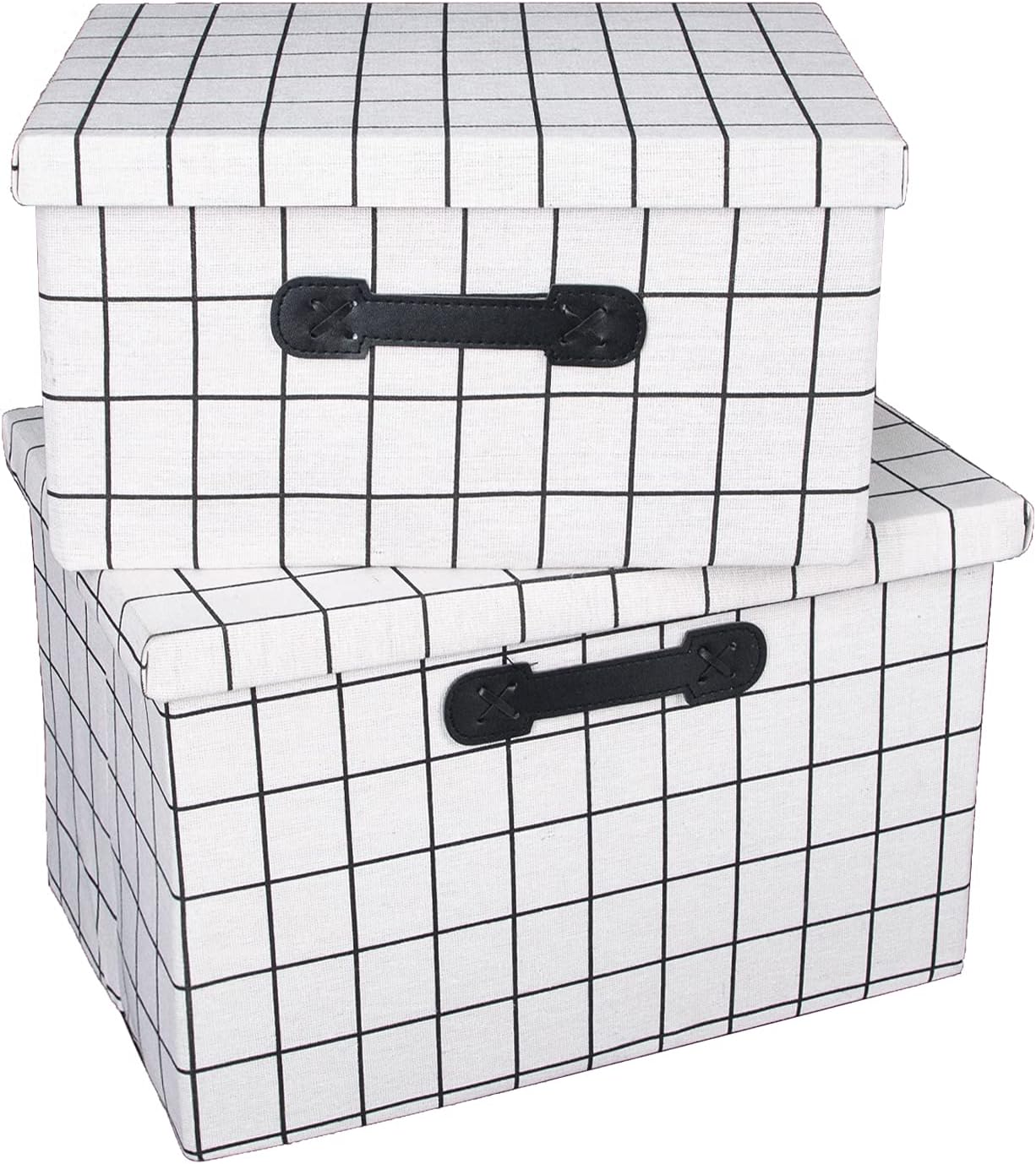 Gentelory Folding Storage Box with Lid [2pcs] Linen Decorative Storage Basket with Lid Storage Box-Household, Office Storage Box with Removable Lid, White Checkered